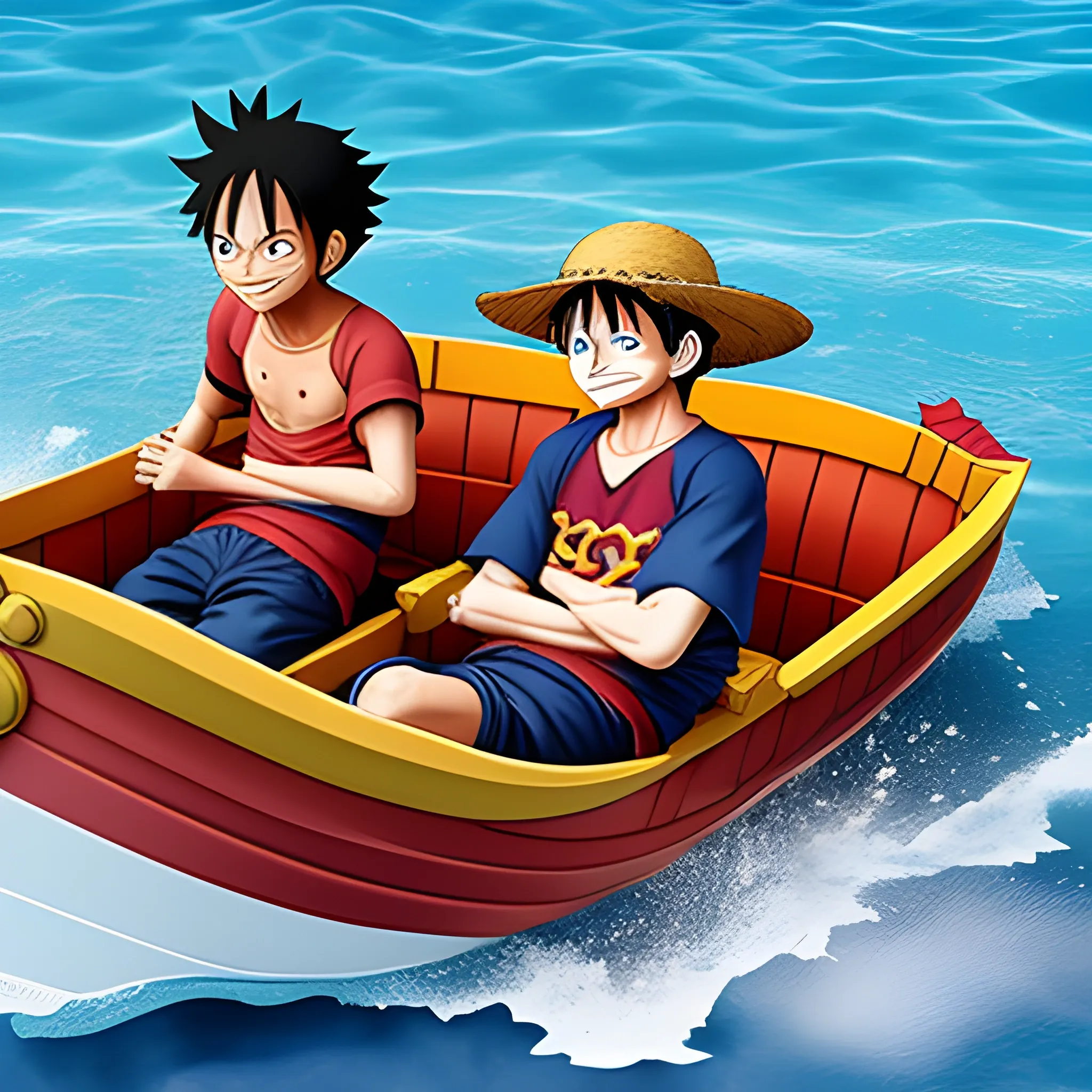 Luffy y Messi en un barco, 3D