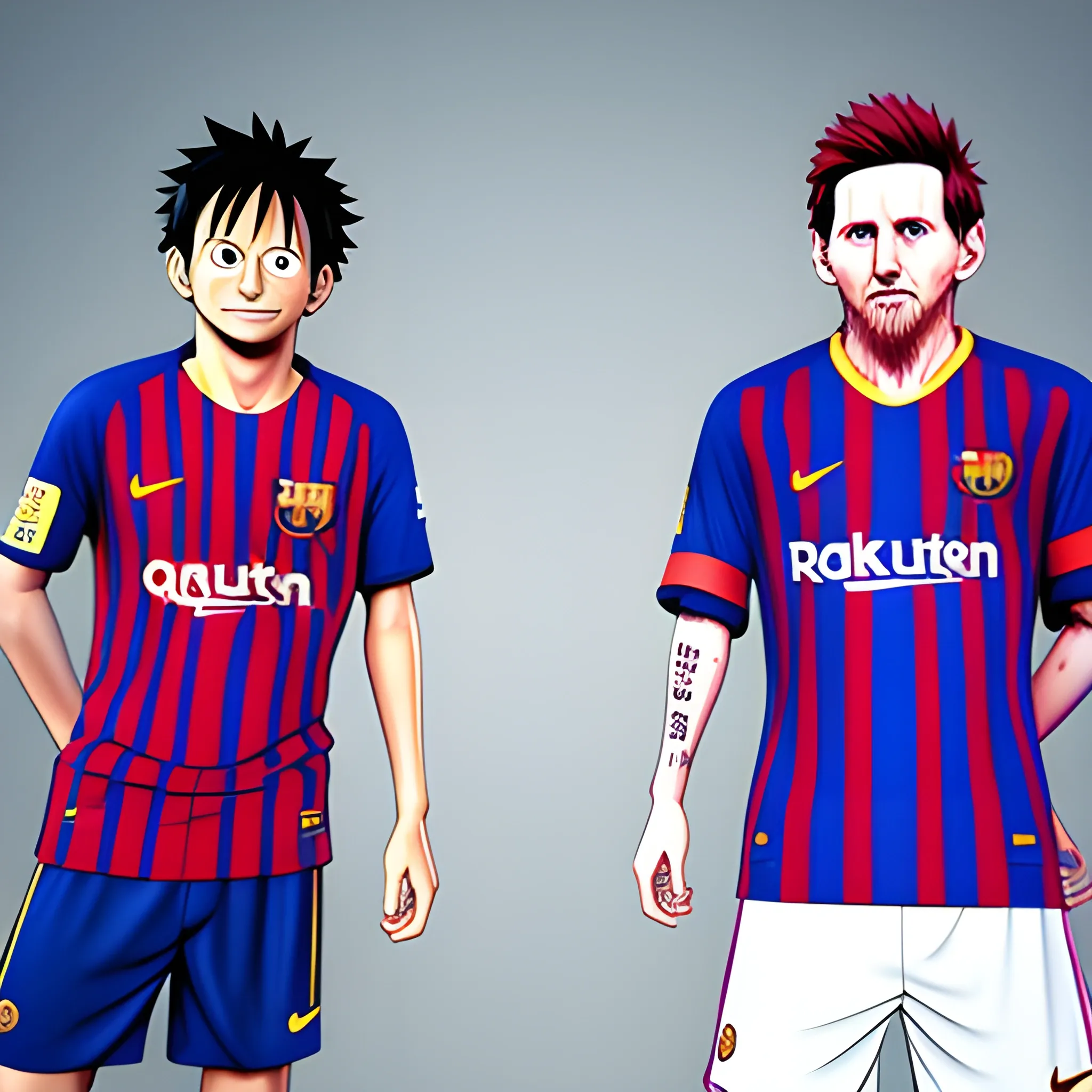 Luffy y Messi con la camiseta del barcelona, 3D
