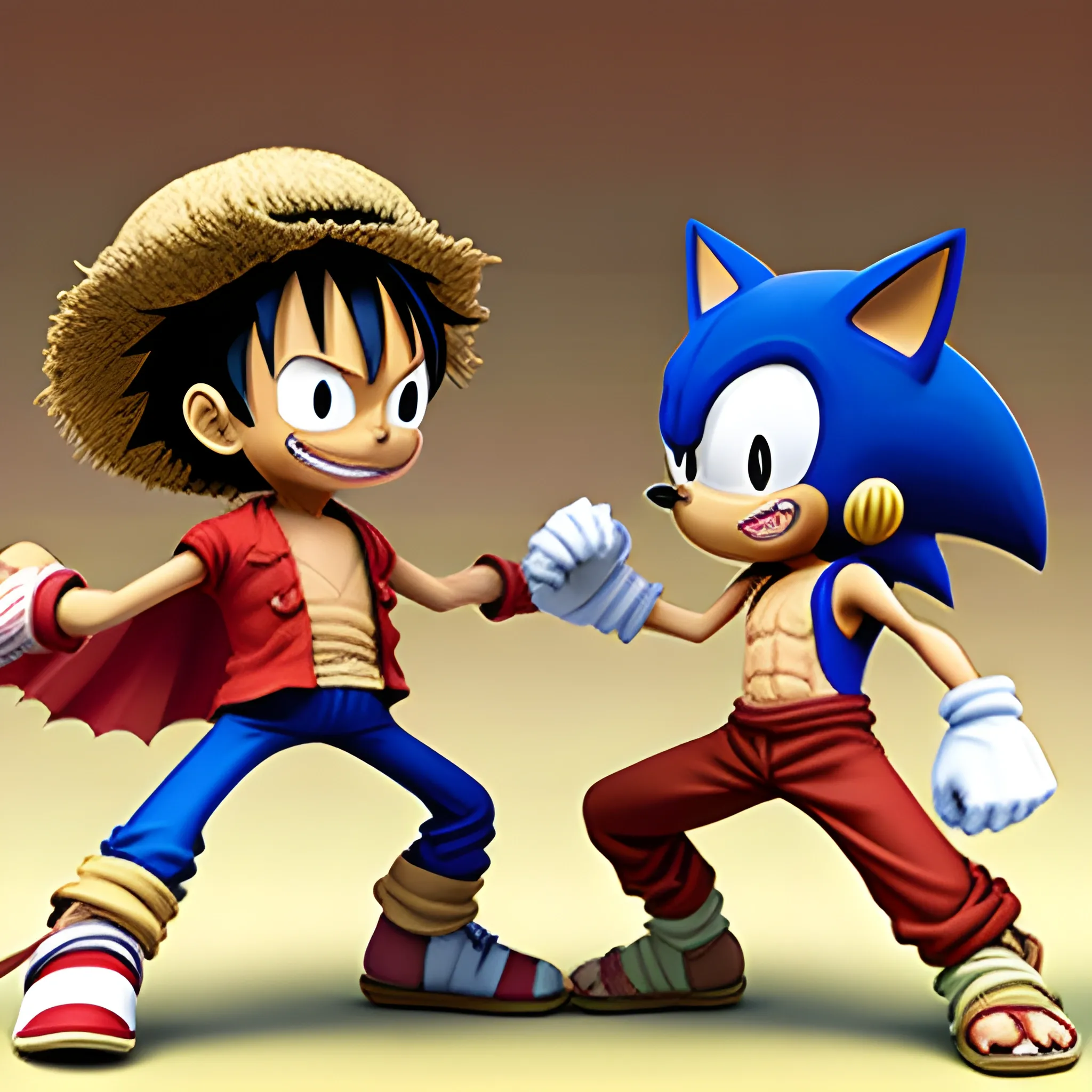 Luffy y Sonic peleando, 3D