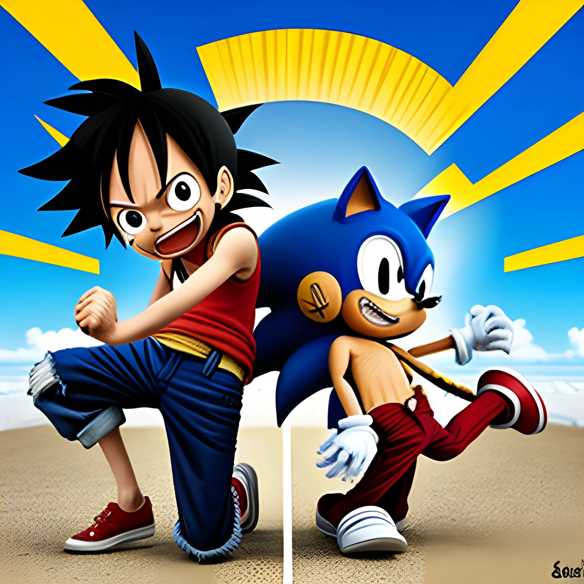 Luffy y Sonic peleando, 3D