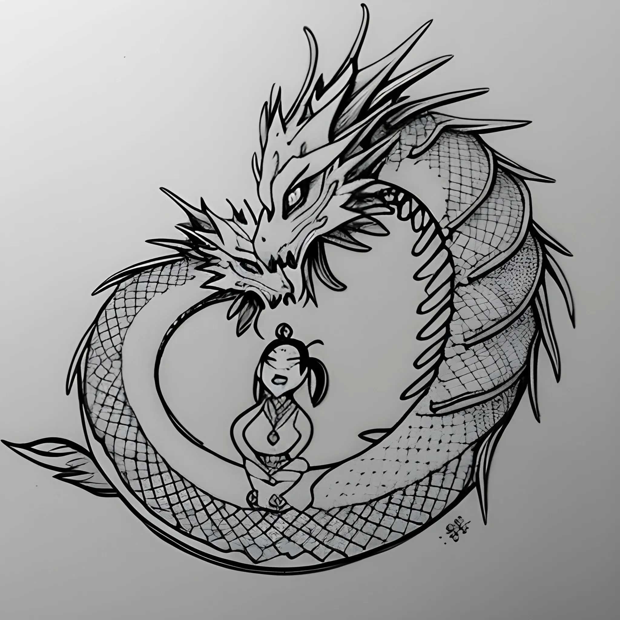 , Cartoon, Pencil SketchChinese beauty hugs a cute little white dragon