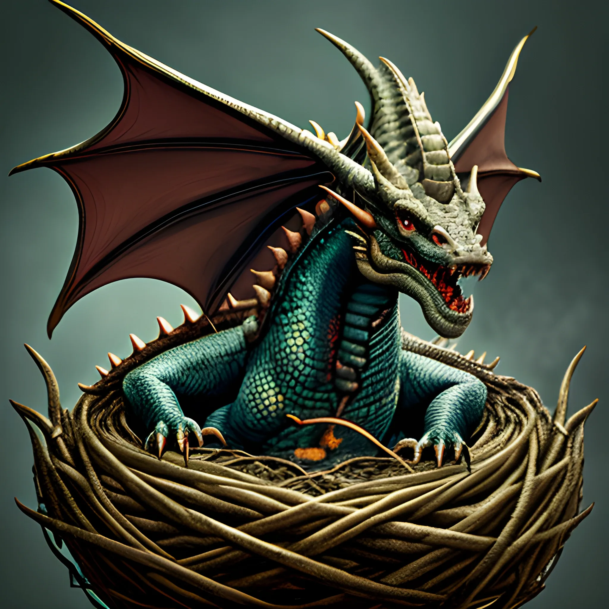 imposing dragon on a nest, gloomy, menacing, showing teeth, scales, light effects, full frontal dragon