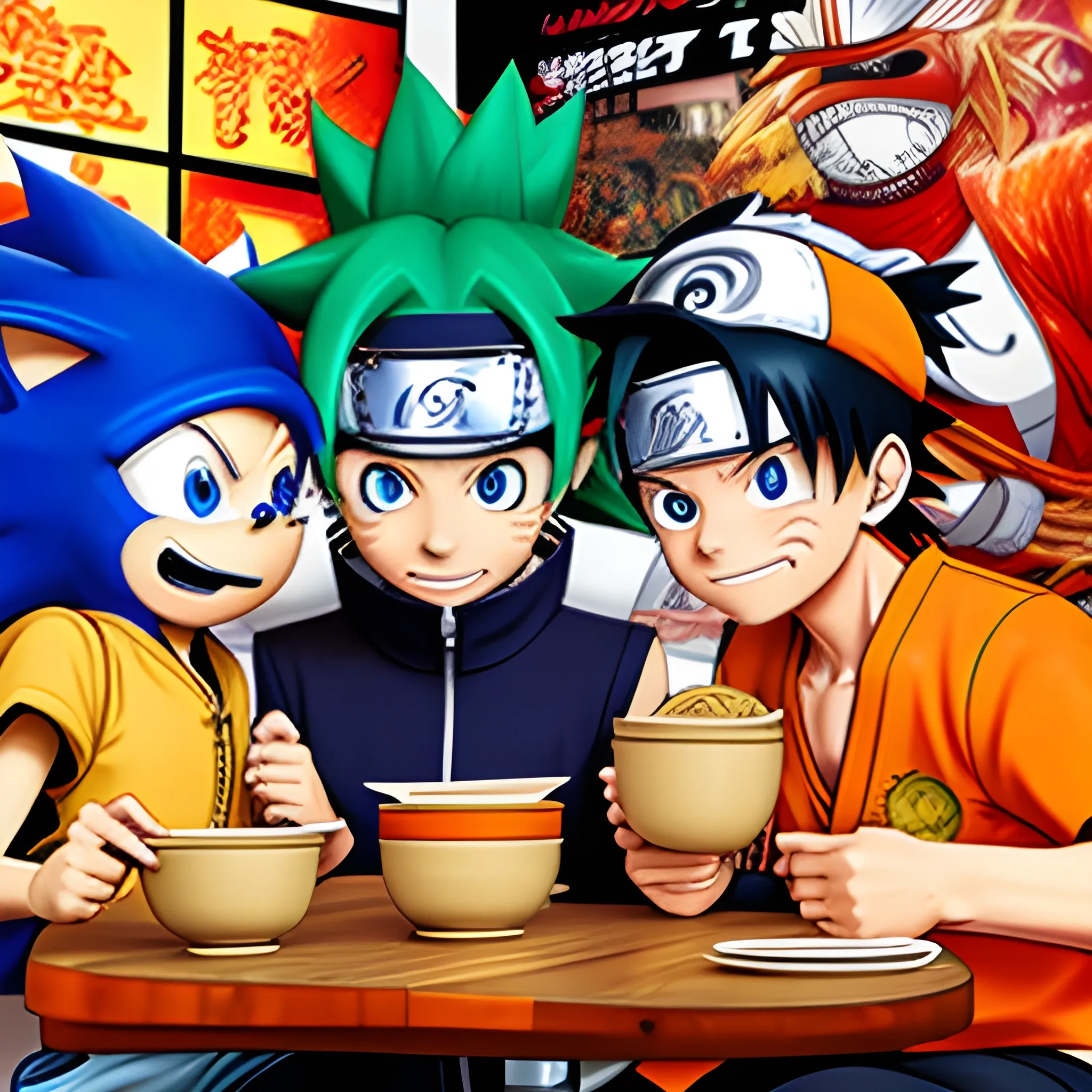Naruto, Sonic y Luffy comiendo ramen en new york, 3D