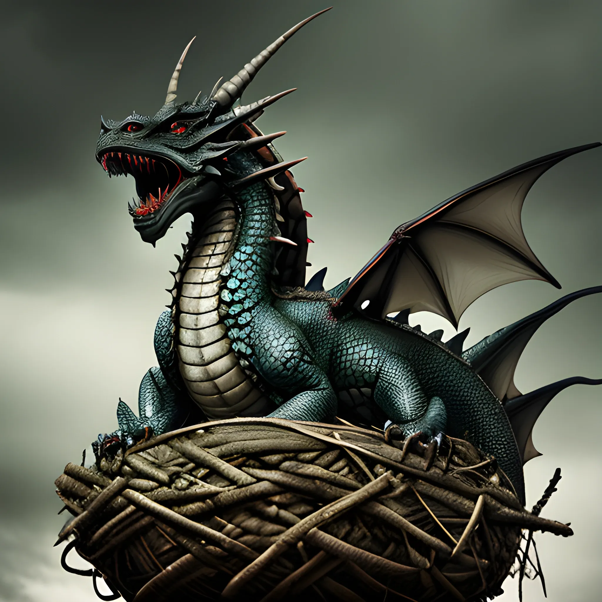 imposing dragon on a nest, gloomy, menacing, showing teeth, scales, light effects, full frontal dragon