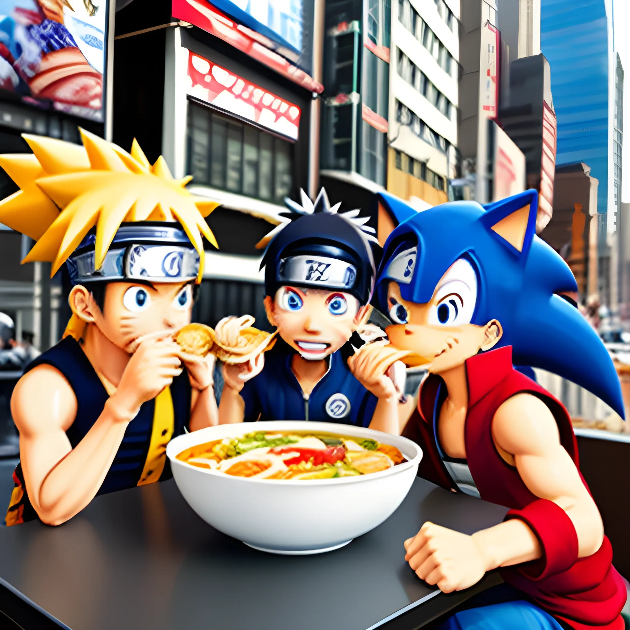 Naruto, Sonic y Luffy comiendo ramen en new york, 3D