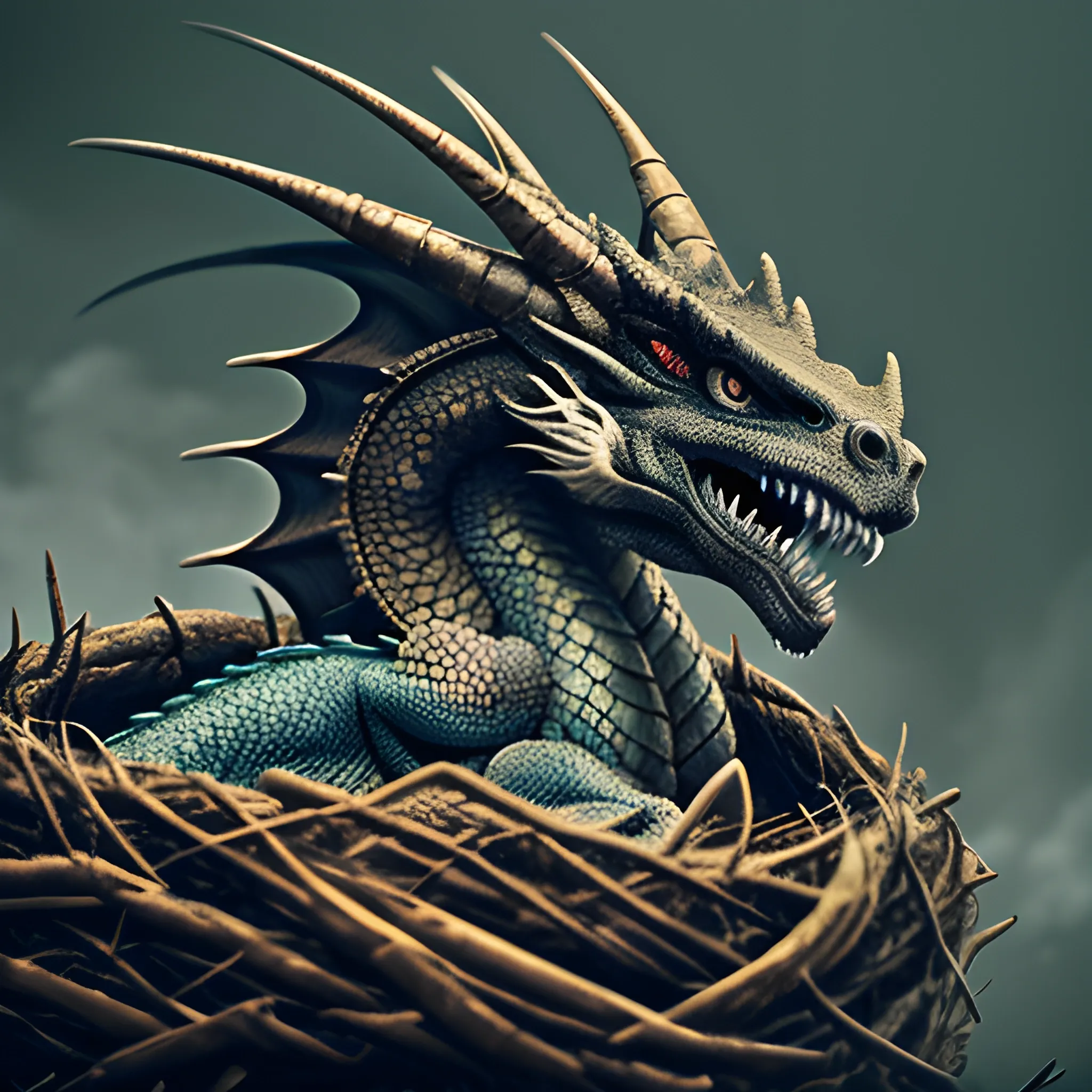 imposing dragon on a nest, gloomy, menacing, showing teeth, scales, light effects, full frontal dragon