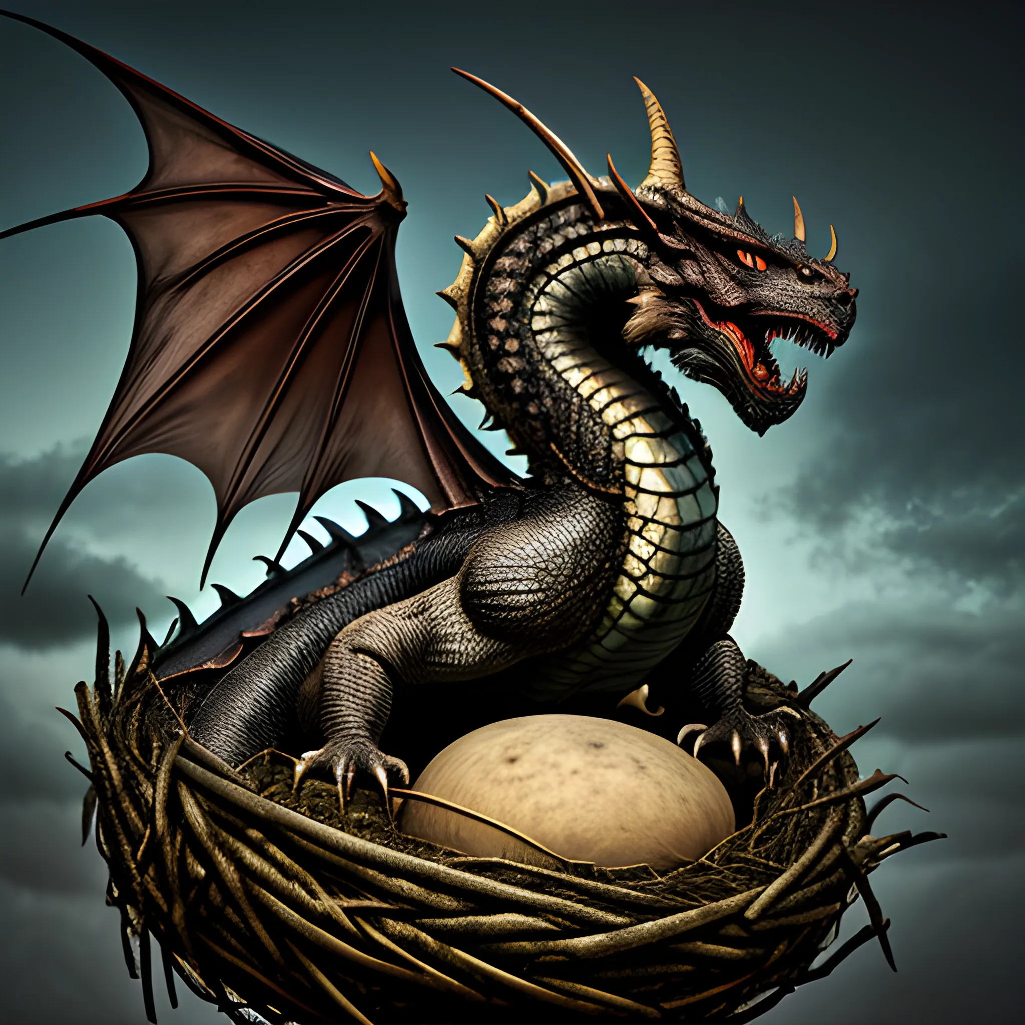 imposing dragon on a nest, gloomy, menacing, showing teeth, scales, light effects, full frontal dragon