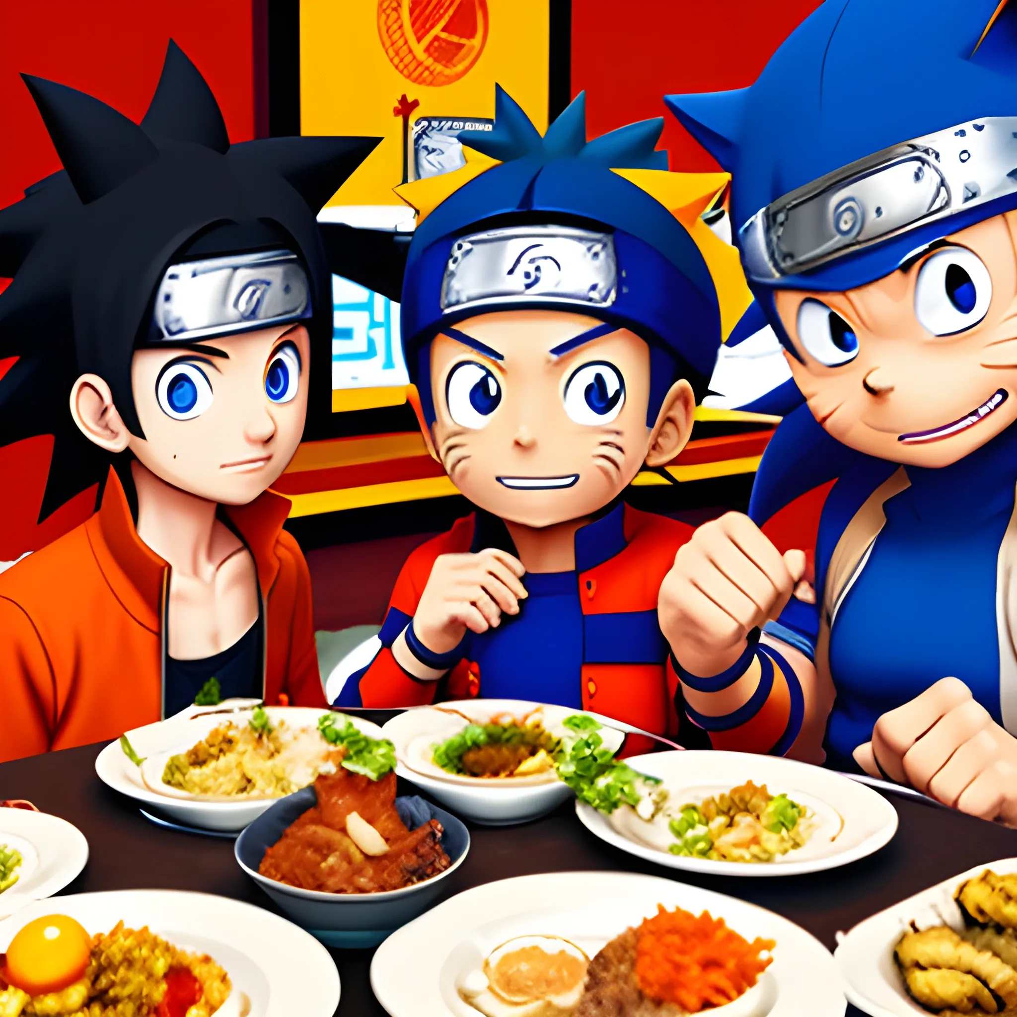 Naruto, Sonic y Luffy cenando en Buenos Aires, 3D