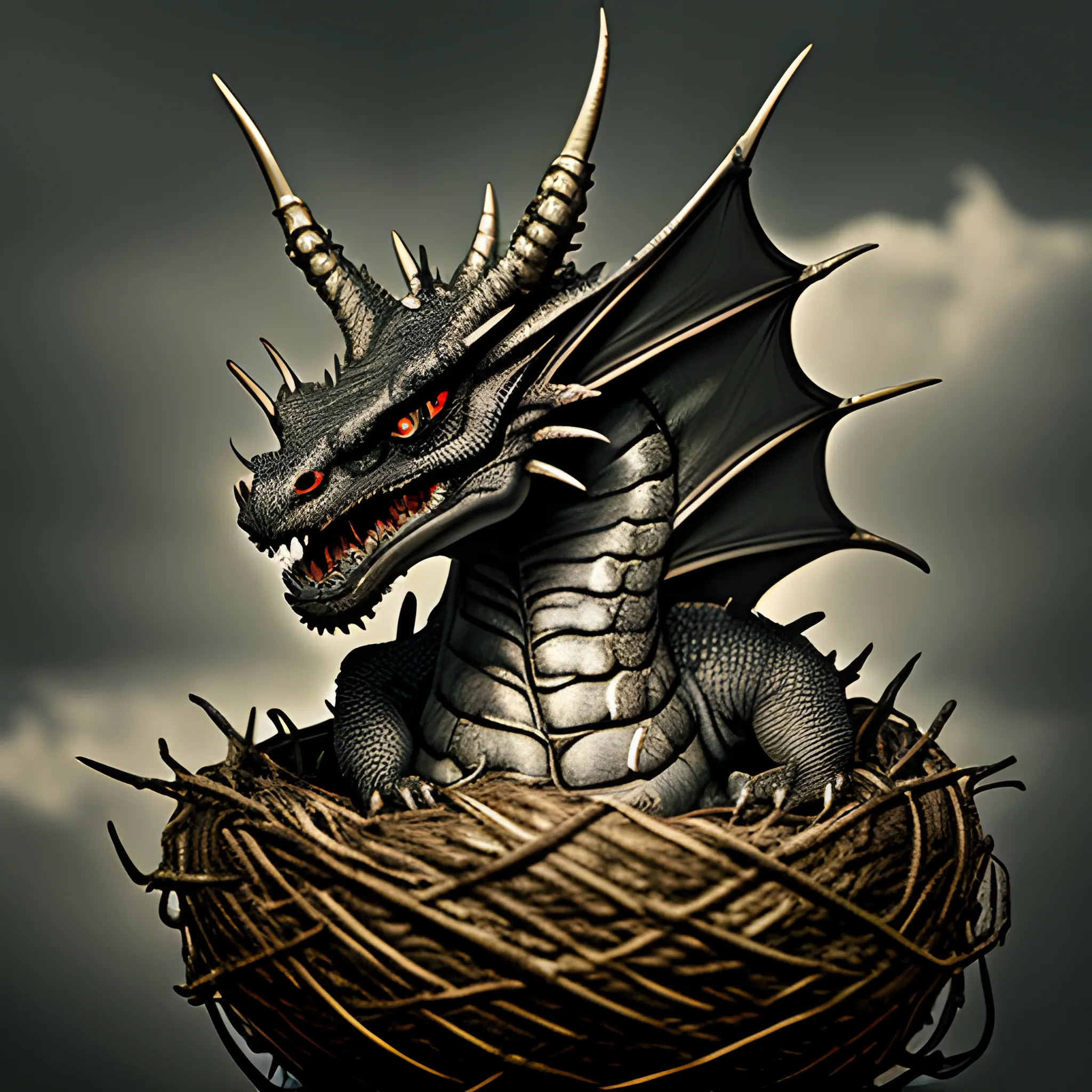 imposing dragon on a nest, gloomy, menacing, showing teeth, scales, light effects, full frontal dragon