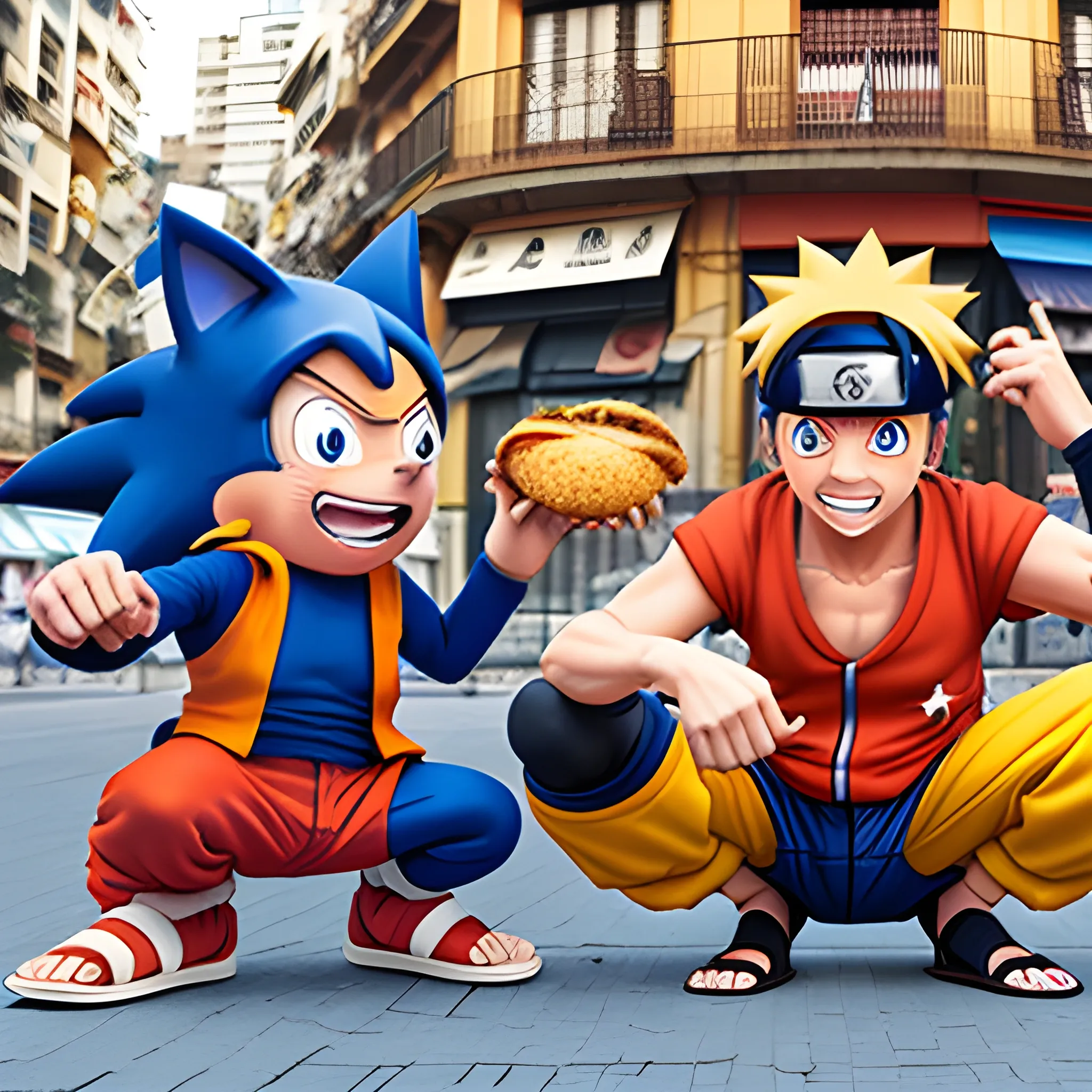 Naruto, Sonic y Luffy comiendo empanadas en Buenos Aires, 3D