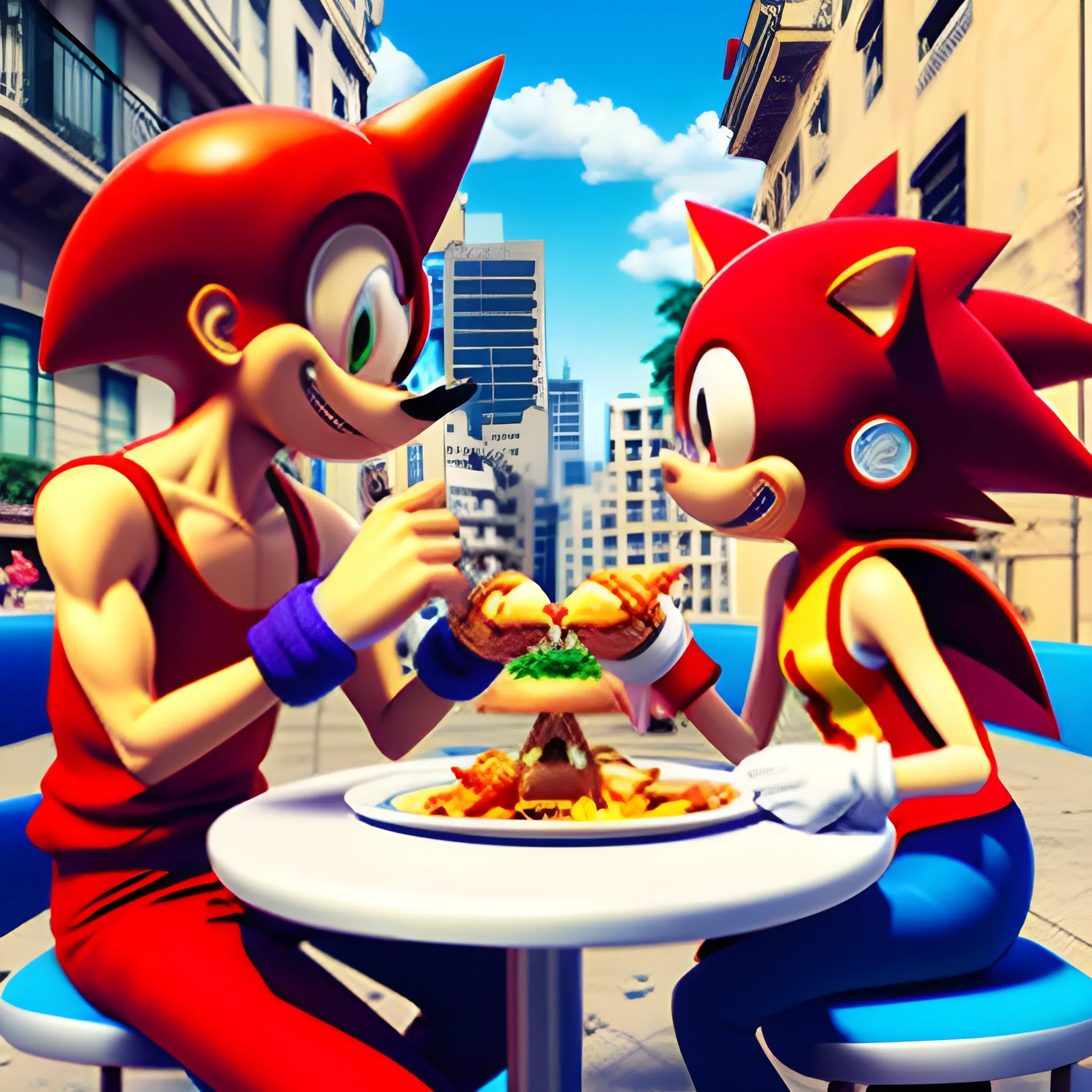Sonic y Luffy cenando en Buenos Aires, 3D