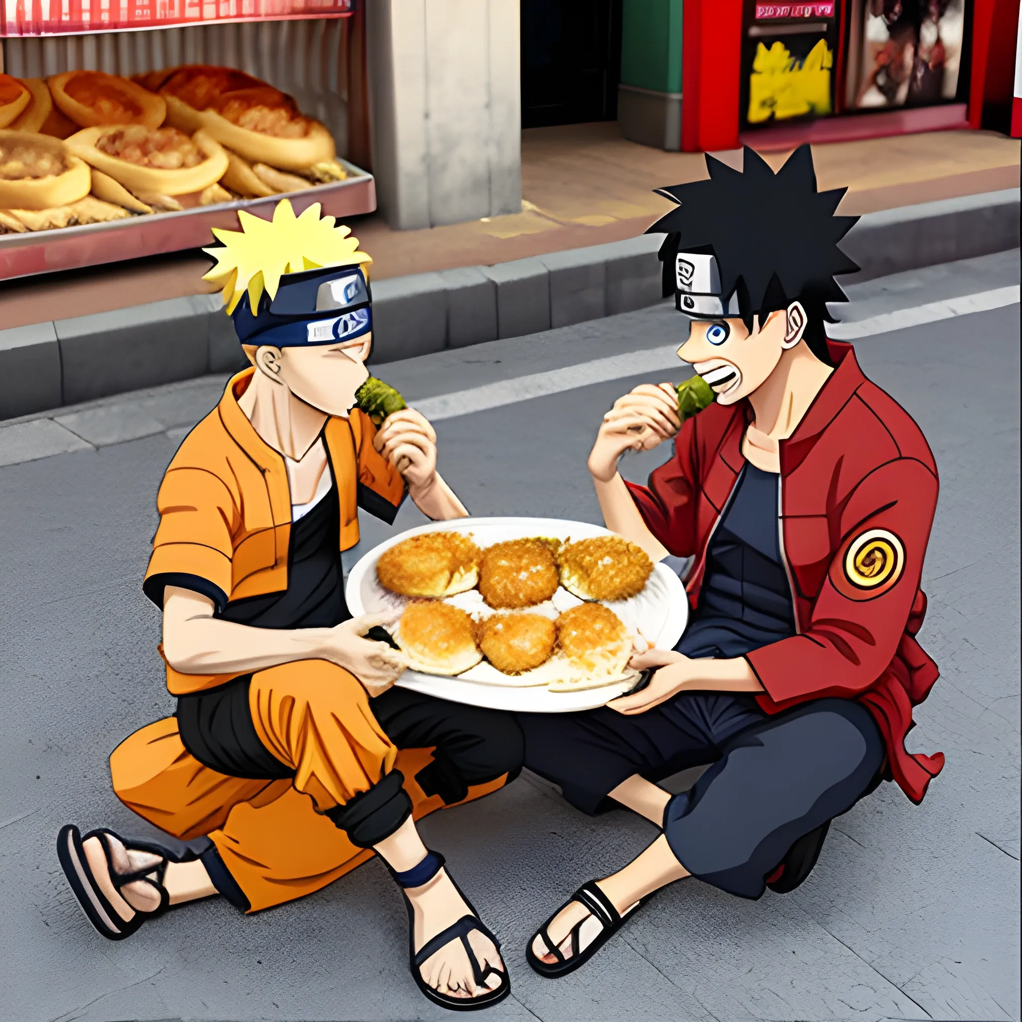 Naruto y Luffy comiendo empanadas en Buenos Aires, 3D