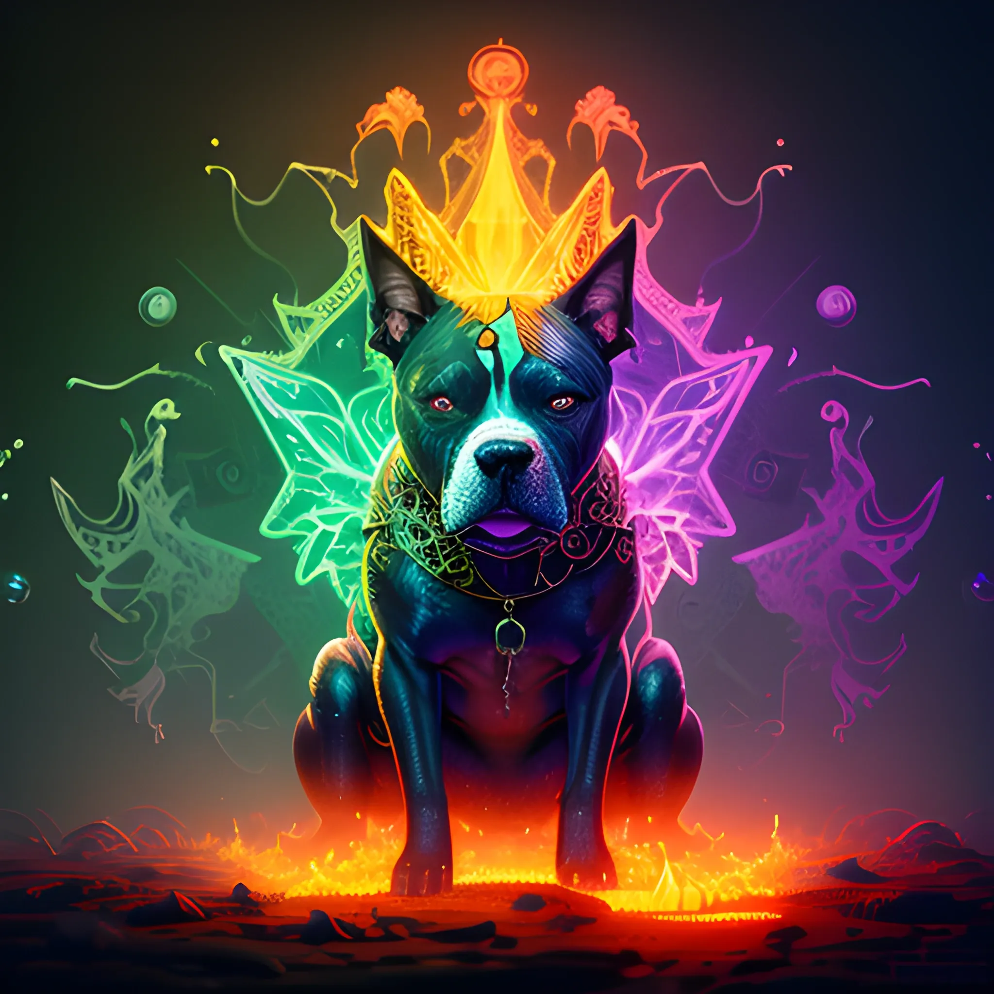 pitbull, fire dog, hell dog, big dog, vilainous dog, luminous c ...