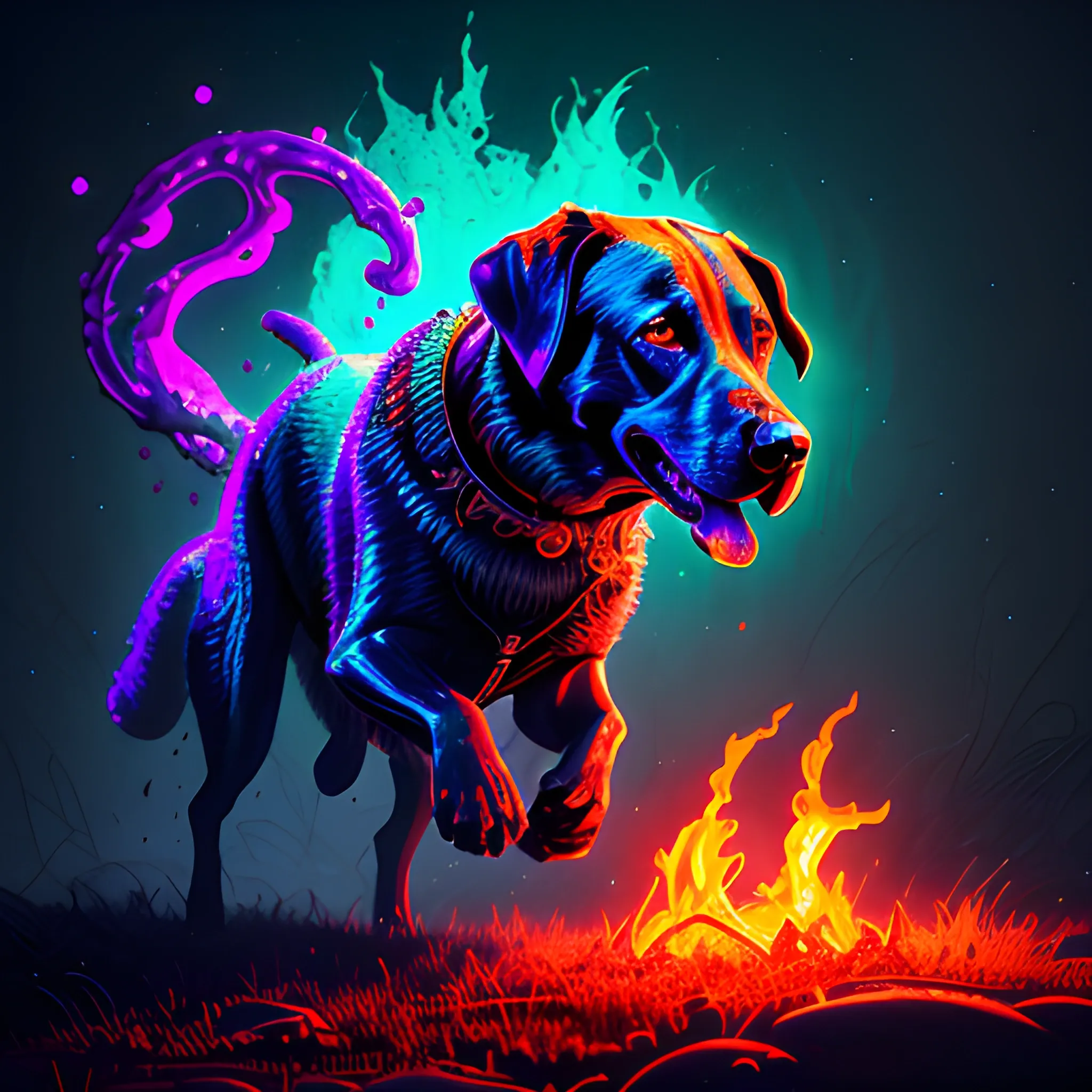  labrador, running, fire dog, hell dog, big dog, vilainous dog, luminous colorful sparkles, ominous, eldritch, macabre, spooky; by James R. Eads, Gawki, rajewel, Tania Rivilis, Dan Mumford, glitter, airbrush, Octane Render, elegant, volumetric lighting, 16k; detailed matte painting, deep color, fantastical, intricate detail, splash screen, complementary colors, fantasy concept art, 8k resolution trending on Artstation Unreal Engine 5