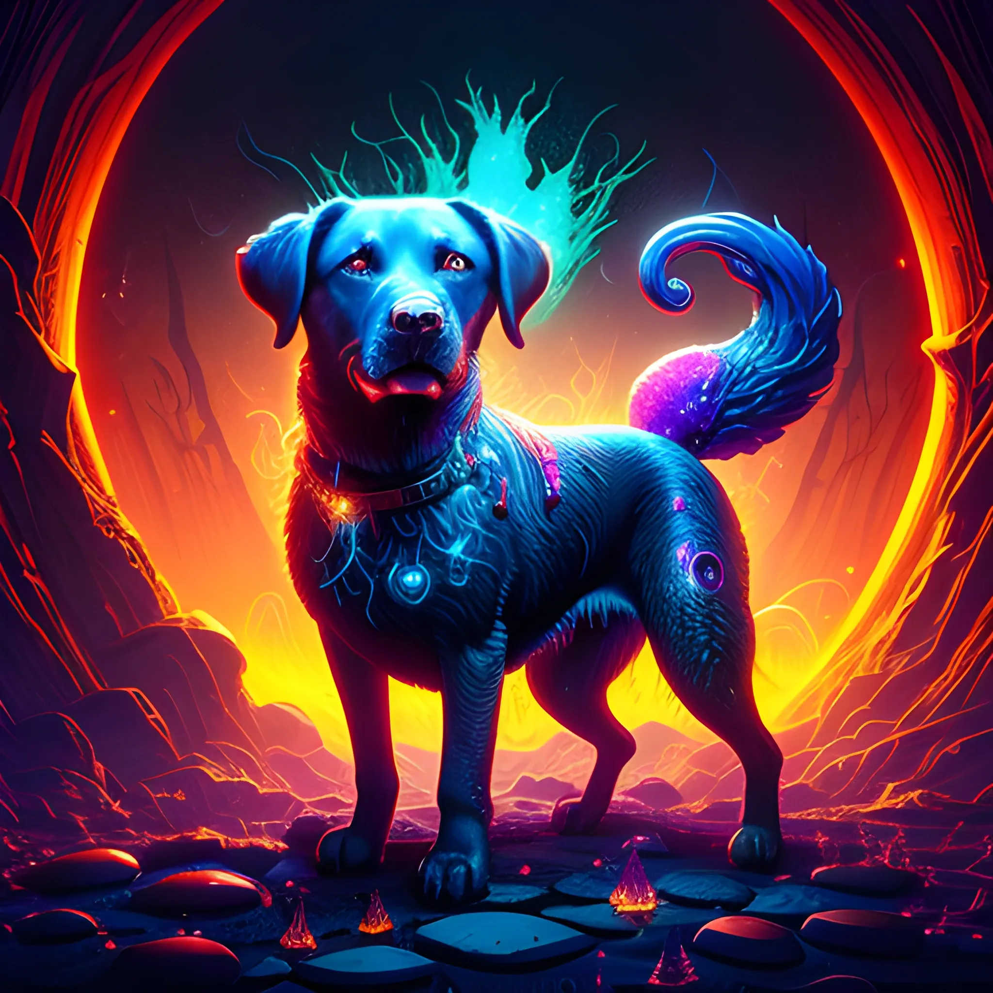  labrador, running, fire dog, hell dog, big dog, vilainous dog, luminous colorful sparkles, ominous, eldritch, macabre, spooky; by James R. Eads, Gawki, rajewel, Tania Rivilis, Dan Mumford, glitter, airbrush, Octane Render, elegant, volumetric lighting, 16k; detailed matte painting, deep color, fantastical, intricate detail, splash screen, complementary colors, fantasy concept art, 8k resolution trending on Artstation Unreal Engine 5