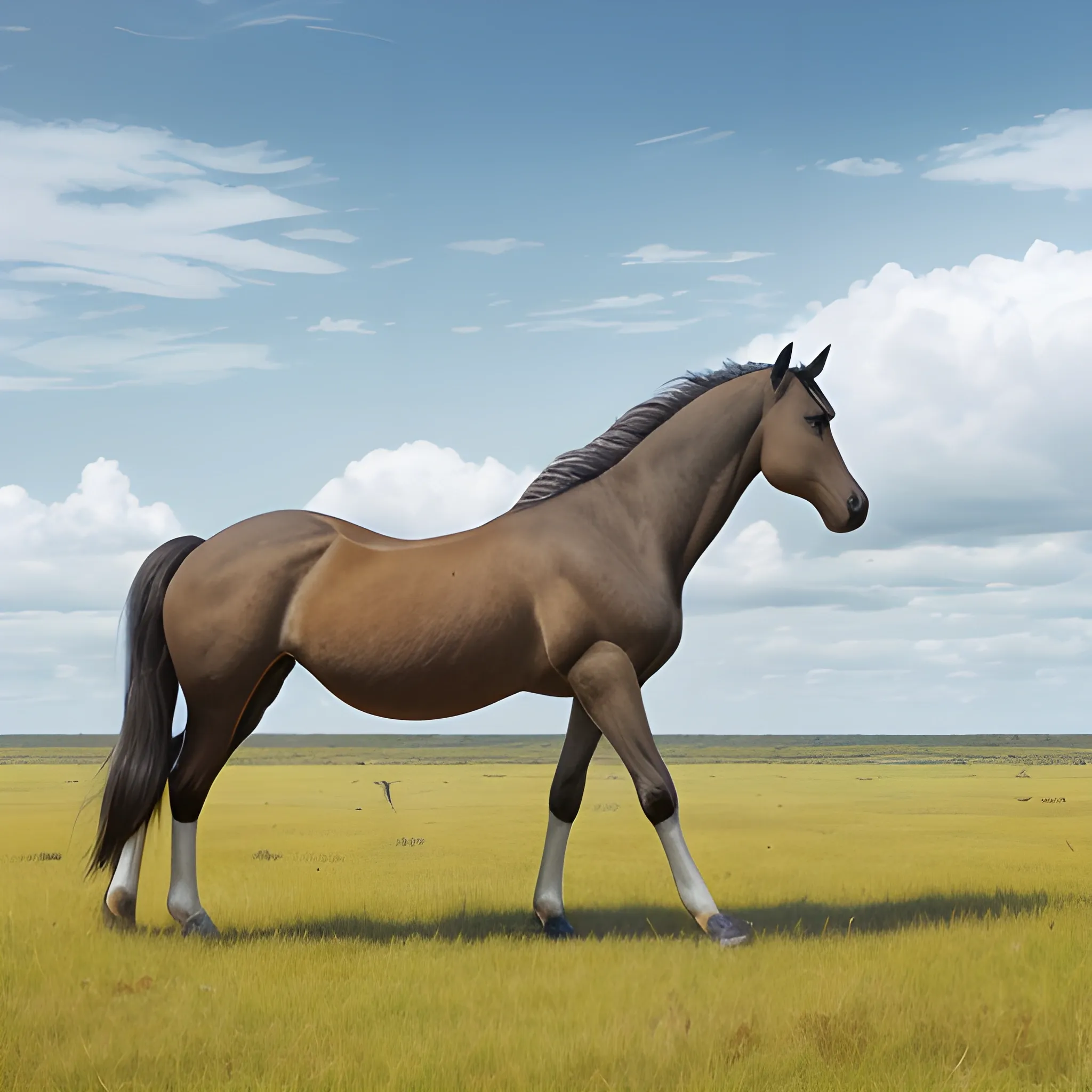 horse on two legs as a central figure in a wide savanna with clouds in the background, blue sky,  the distance in a lagoon