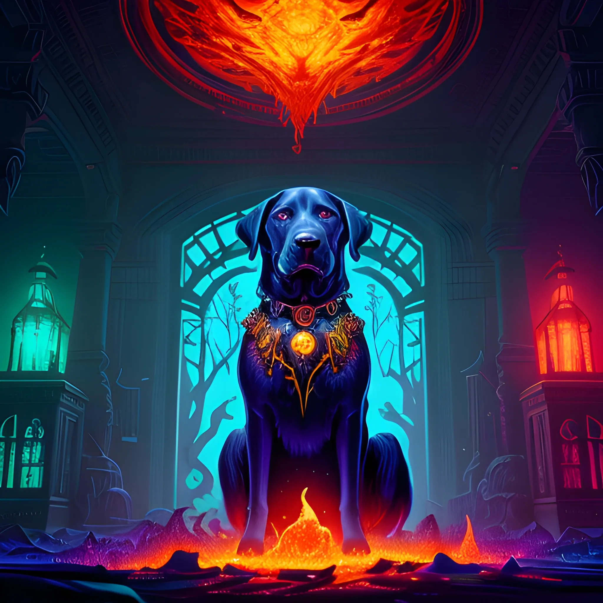  labrador, running, fire dog, hell dog, big dog, vilainous dog, luminous colorful sparkles, ominous, eldritch, macabre, spooky; by James R. Eads, Gawki, rajewel, Tania Rivilis, Dan Mumford, glitter, airbrush, Octane Render, elegant, volumetric lighting, 16k; detailed matte painting, deep color, fantastical, intricate detail, splash screen, complementary colors, fantasy concept art, 8k resolution trending on Artstation Unreal Engine 5