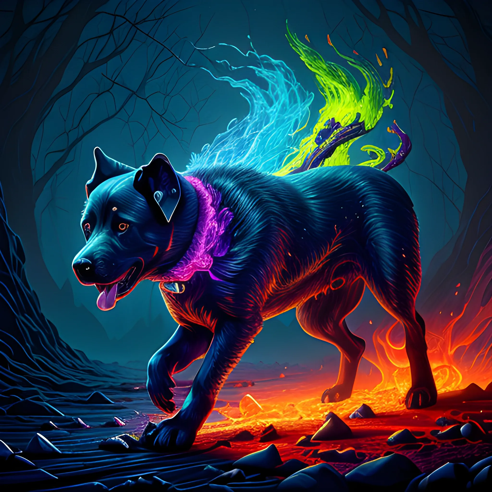  labrador, running, fire dog, hell dog, big dog, vilainous dog, luminous colorful sparkles, ominous, eldritch, macabre, spooky; by James R. Eads, Gawki, rajewel, Tania Rivilis, Dan Mumford, glitter, airbrush, Octane Render, elegant, volumetric lighting, 16k; detailed matte painting, deep color, fantastical, intricate detail, splash screen, complementary colors, fantasy concept art, 8k resolution trending on Artstation Unreal Engine 5