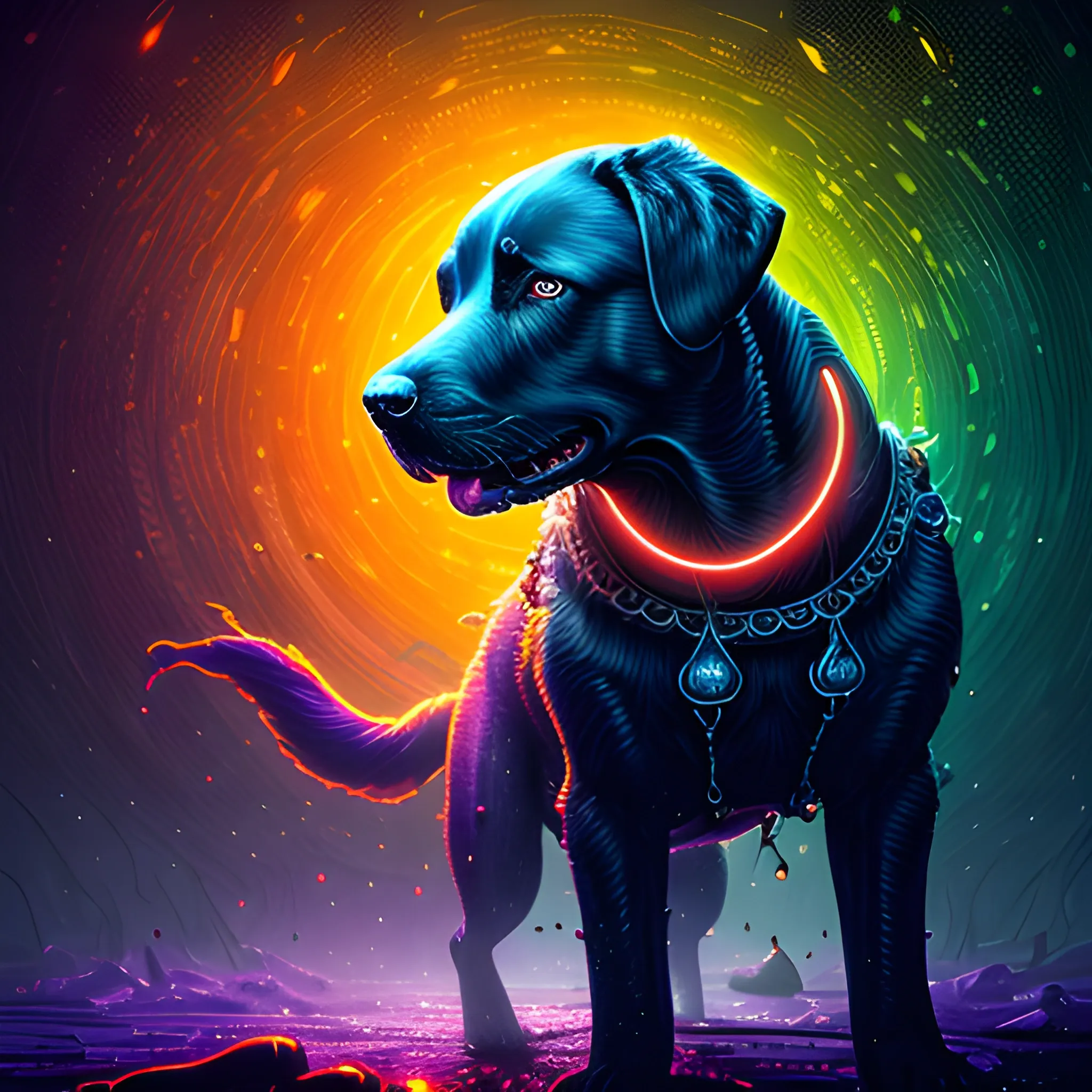  labrador, running, bitting, blood, big dog, vilainous dog, luminous colorful sparkles, ominous, eldritch, macabre, spooky; by James R. Eads, Gawki, rajewel, Tania Rivilis, Dan Mumford, glitter, airbrush, Octane Render, elegant, volumetric lighting, 16k; detailed matte painting, deep color, fantastical, intricate detail, splash screen, complementary colors, fantasy concept art, 8k resolution trending on Artstation Unreal Engine 5