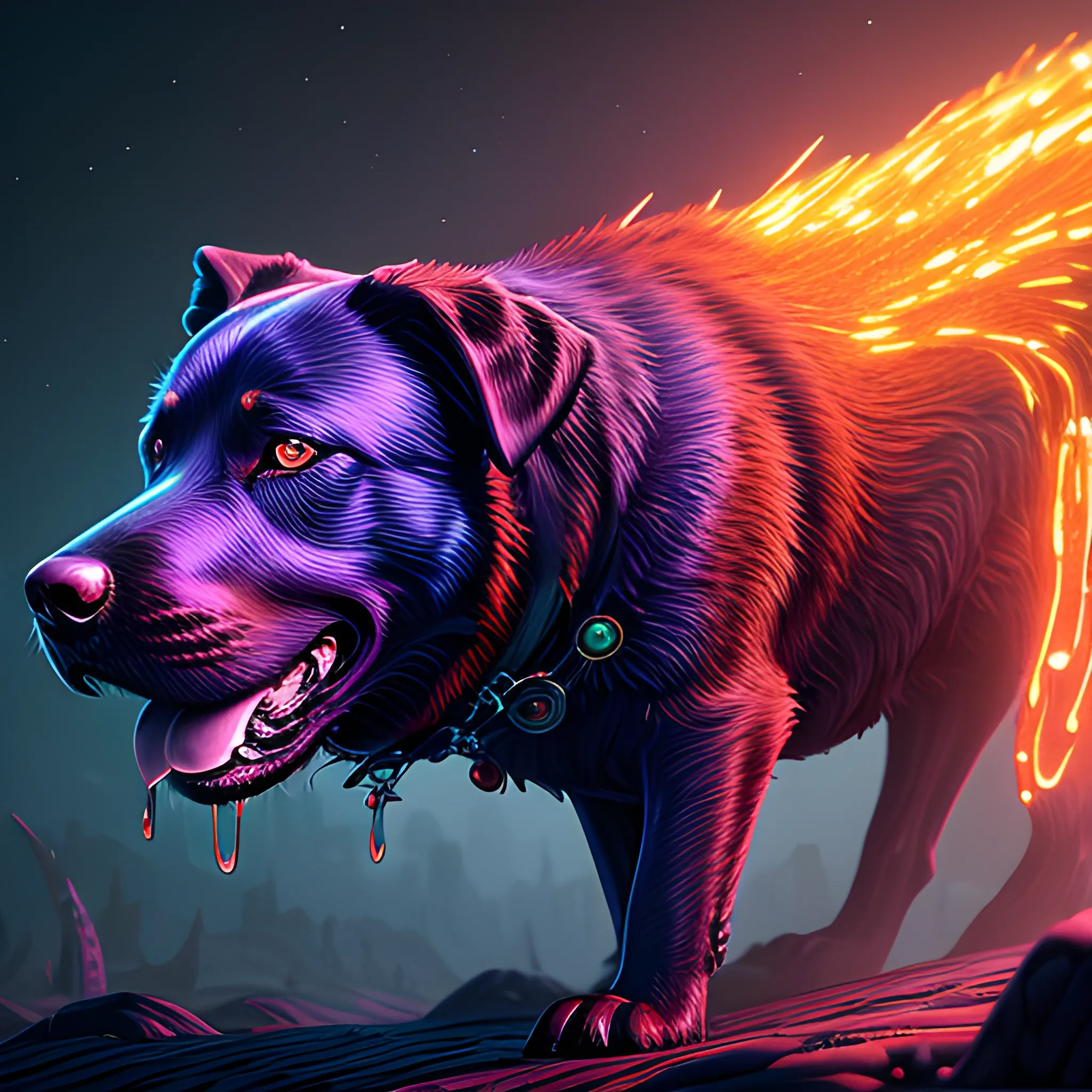  labrador, running, bitting, blood, big dog, vilainous dog, luminous colorful sparkles, ominous, eldritch, macabre, spooky; by James R. Eads, Gawki, rajewel, Tania Rivilis, Dan Mumford, glitter, airbrush, Octane Render, elegant, volumetric lighting, 16k; detailed matte painting, deep color, fantastical, intricate detail, splash screen, complementary colors, fantasy concept art, 8k resolution trending on Artstation Unreal Engine 5