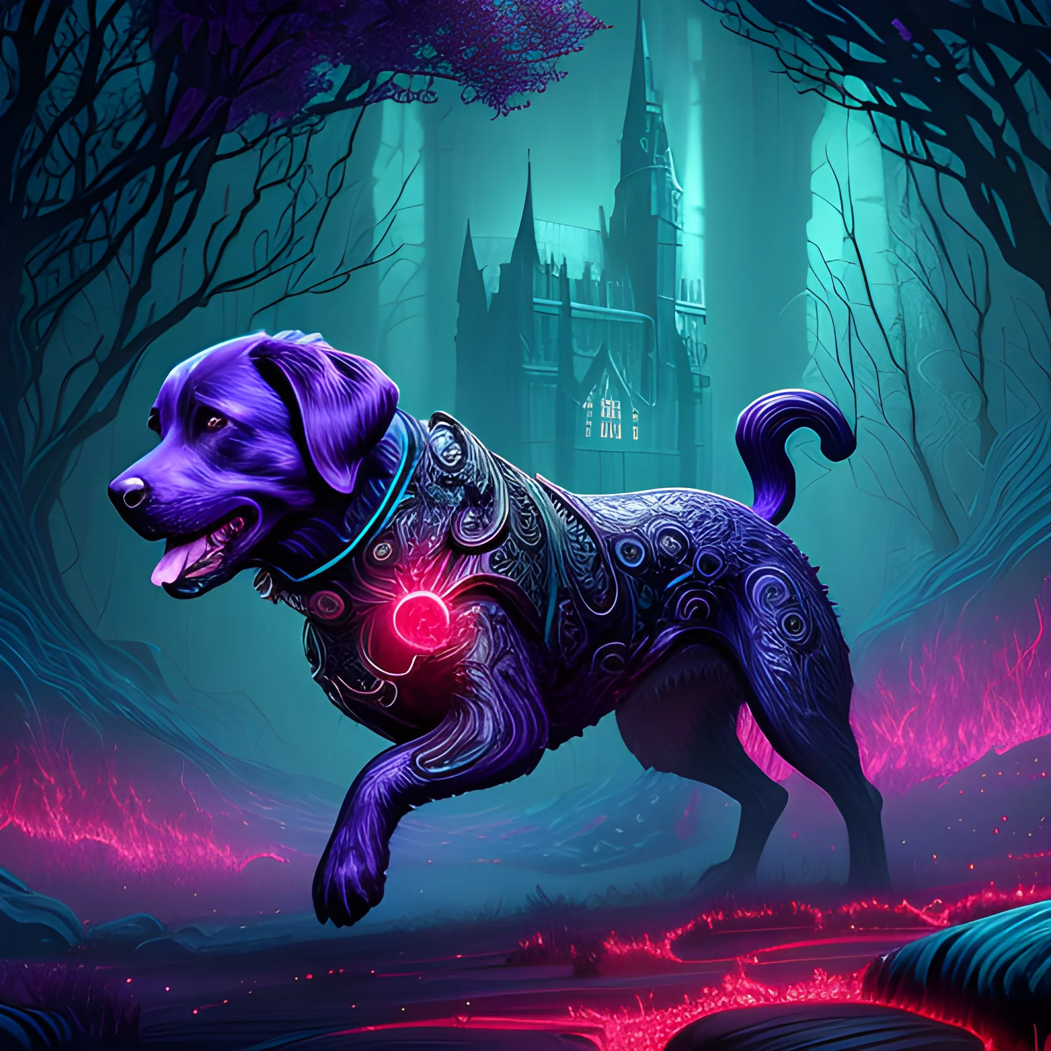  labrador, running, bitting, blood, big dog, vilainous dog, luminous colorful sparkles, ominous, eldritch, macabre, spooky; by James R. Eads, Gawki, rajewel, Tania Rivilis, Dan Mumford, glitter, airbrush, Octane Render, elegant, volumetric lighting, 16k; detailed matte painting, deep color, fantastical, intricate detail, splash screen, complementary colors, fantasy concept art, 8k resolution trending on Artstation Unreal Engine 5