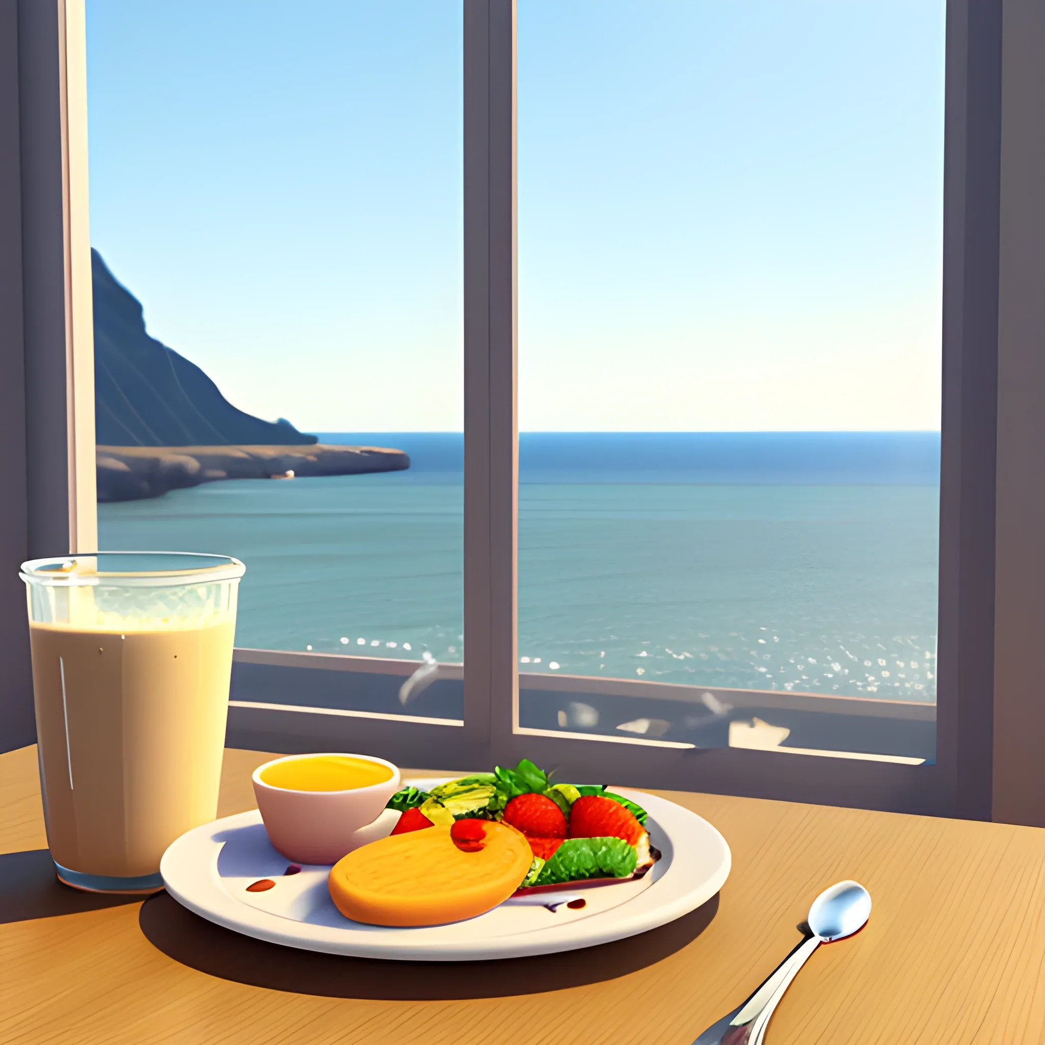 Delicious and healthy breakfast on the table in the café overlooking the sea., 3D