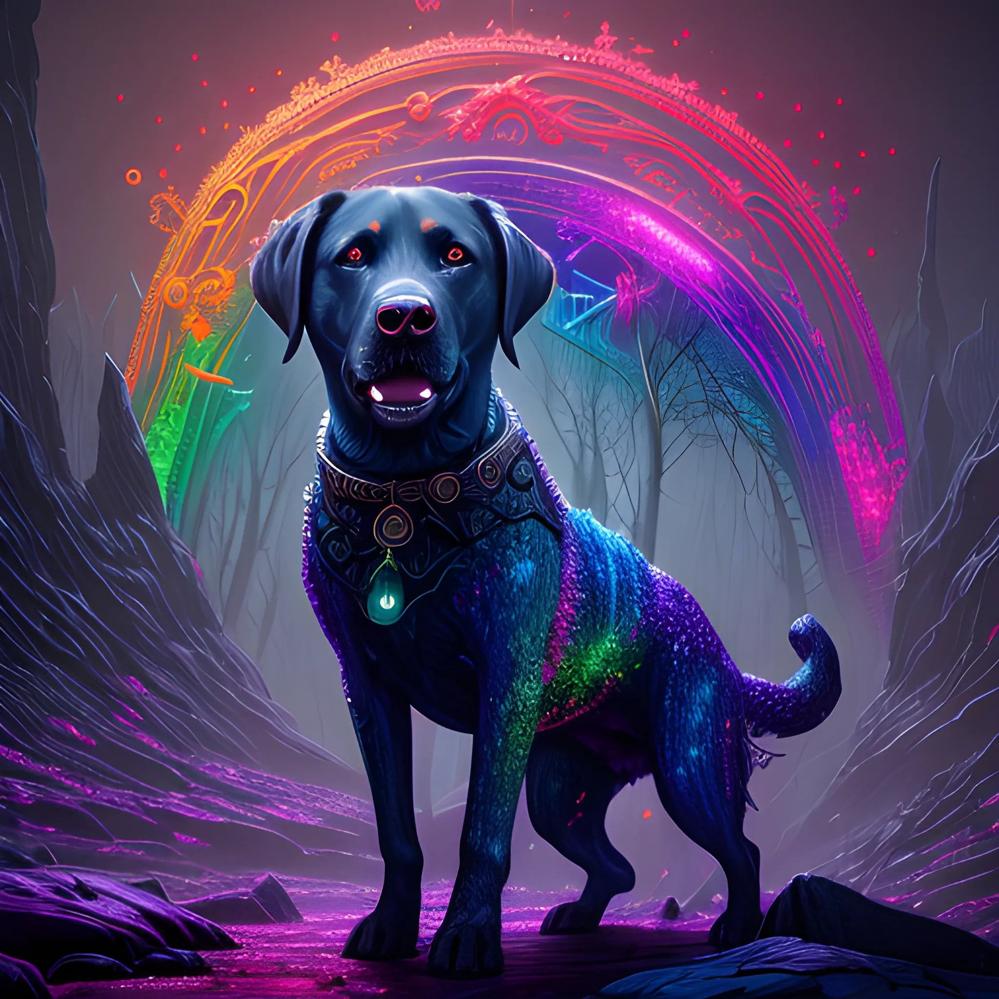  labrador, running, bitting, blood, big dog, vilainous dog, luminous colorful sparkles, ominous, eldritch, macabre, spooky; by James R. Eads, Gawki, rajewel, Tania Rivilis, Dan Mumford, glitter, airbrush, Octane Render, elegant, volumetric lighting, 16k; detailed matte painting, deep color, fantastical, intricate detail, splash screen, complementary colors, fantasy concept art, 8k resolution trending on Artstation Unreal Engine 5