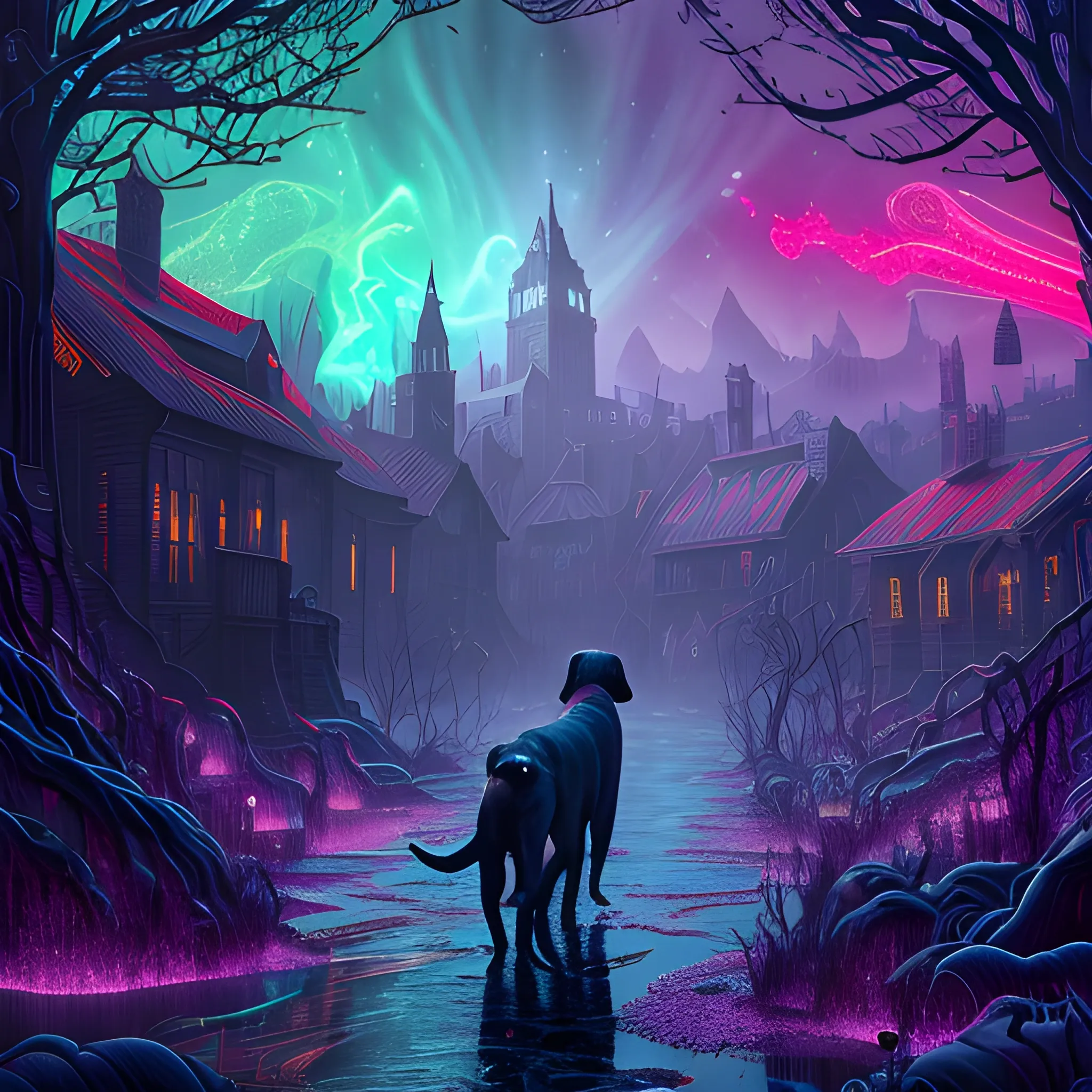  labrador, running, bitting, blood, big dog, vilainous dog, luminous colorful sparkles, ominous, eldritch, macabre, spooky; by James R. Eads, Gawki, rajewel, Tania Rivilis, Dan Mumford, glitter, airbrush, Octane Render, elegant, volumetric lighting, 16k; detailed matte painting, deep color, fantastical, intricate detail, splash screen, complementary colors, fantasy concept art, 8k resolution trending on Artstation Unreal Engine 5