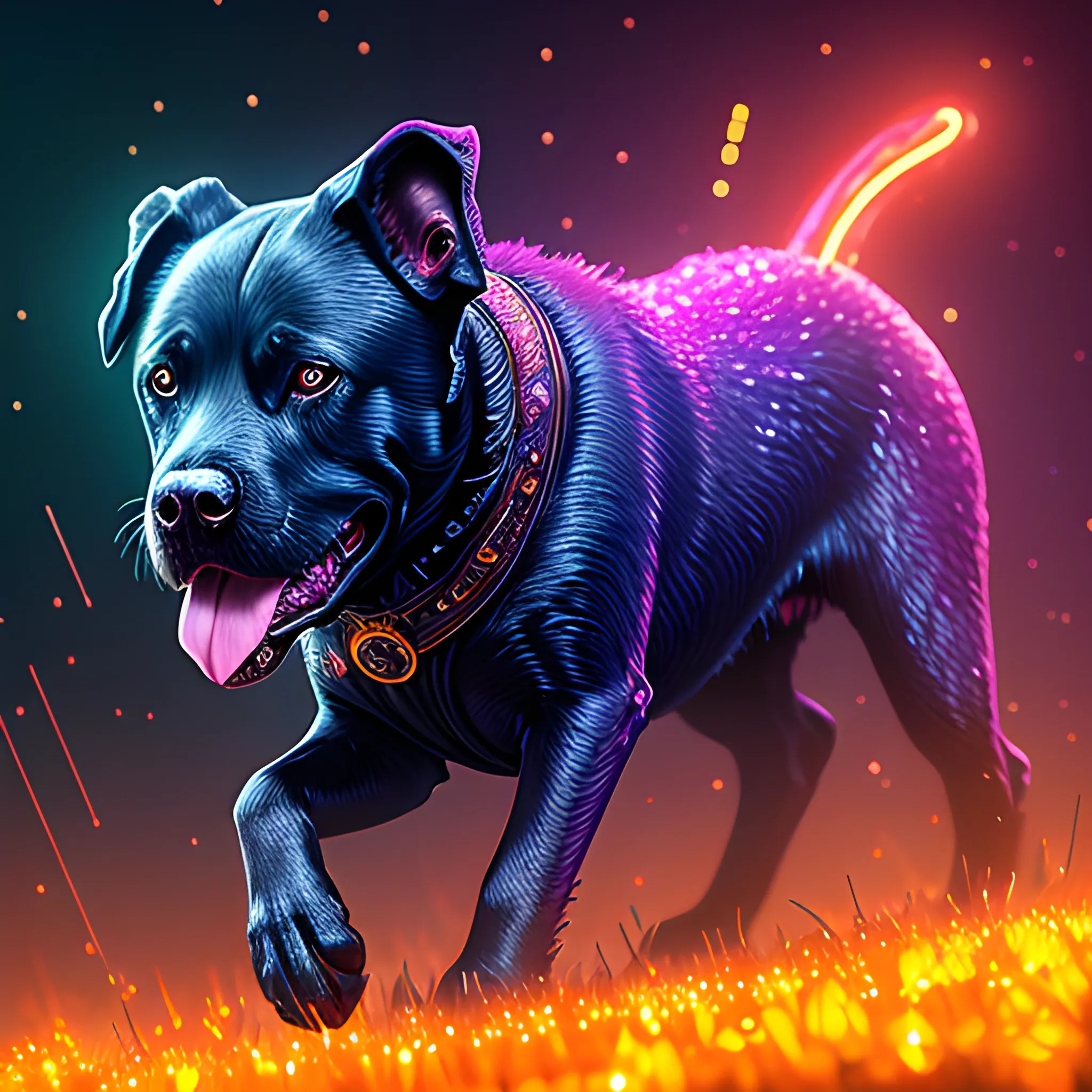  labrador, running, bitting, blood, big dog, vilainous dog, luminous colorful sparkles, ominous, eldritch, macabre, spooky; by James R. Eads, Gawki, rajewel, Tania Rivilis, Dan Mumford, glitter, airbrush, Octane Render, elegant, volumetric lighting, 16k; detailed matte painting, deep color, fantastical, intricate detail, splash screen, complementary colors, fantasy concept art, 8k resolution trending on Artstation Unreal Engine 5