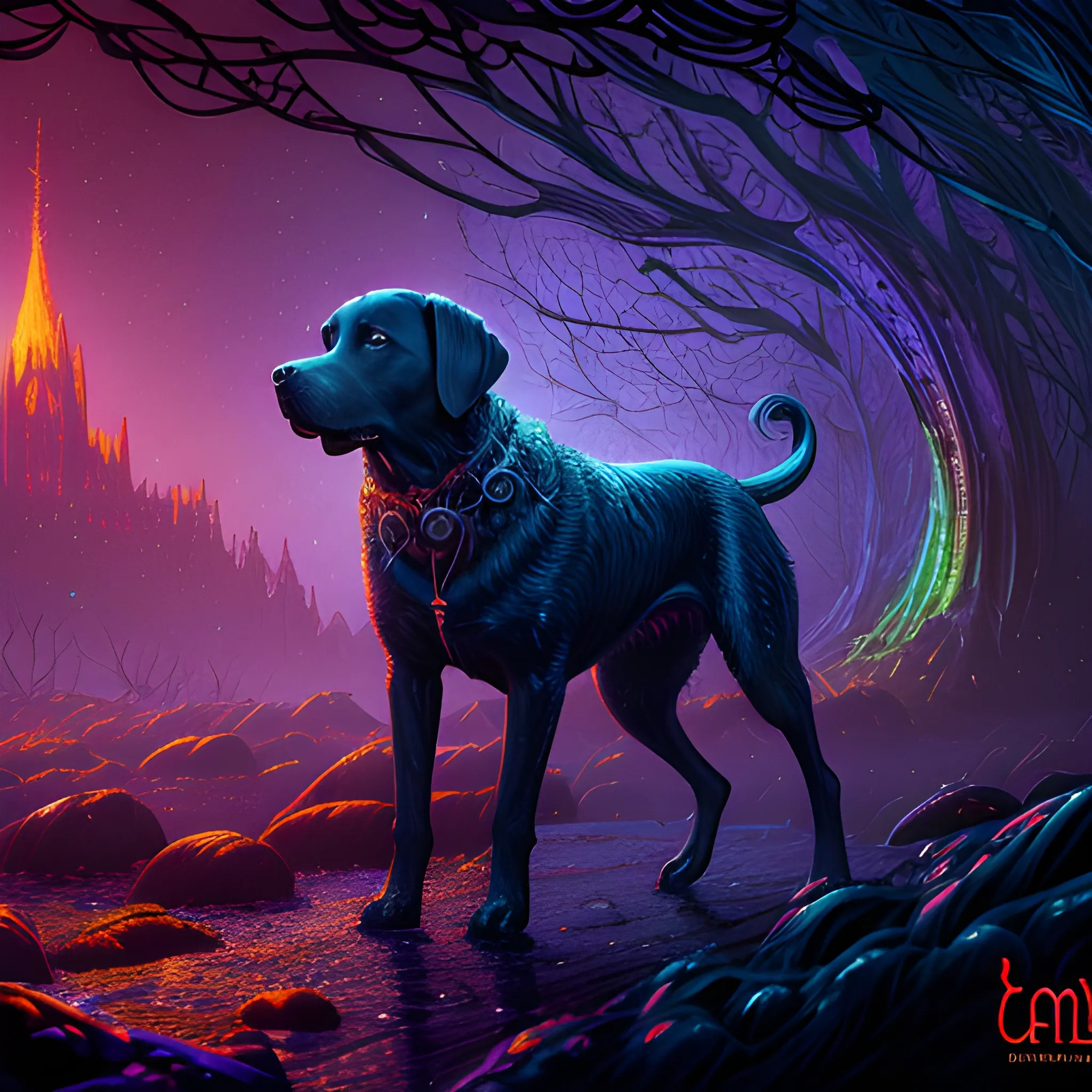  labrador, running, bitting, blood, big dog, vilainous dog, luminous colorful sparkles, ominous, eldritch, macabre, spooky; by James R. Eads, Gawki, rajewel, Tania Rivilis, Dan Mumford, glitter, airbrush, Octane Render, elegant, volumetric lighting, 16k; detailed matte painting, deep color, fantastical, intricate detail, splash screen, complementary colors, fantasy concept art, 8k resolution trending on Artstation Unreal Engine 5