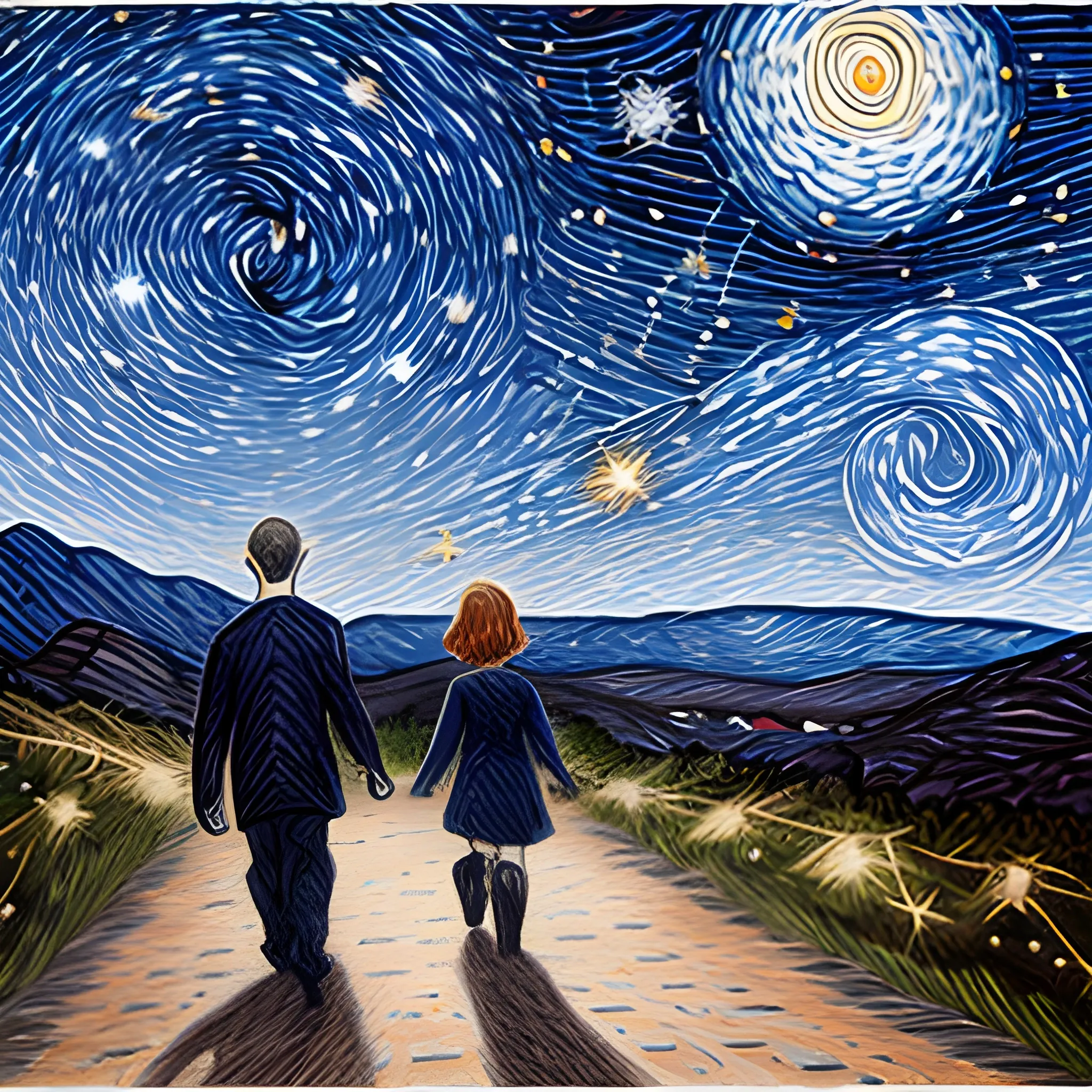 nons walking on the mountain with cross, a starry night sky with spinning stars in the background, Cartoon, Pencil Sketch, Oil Painting