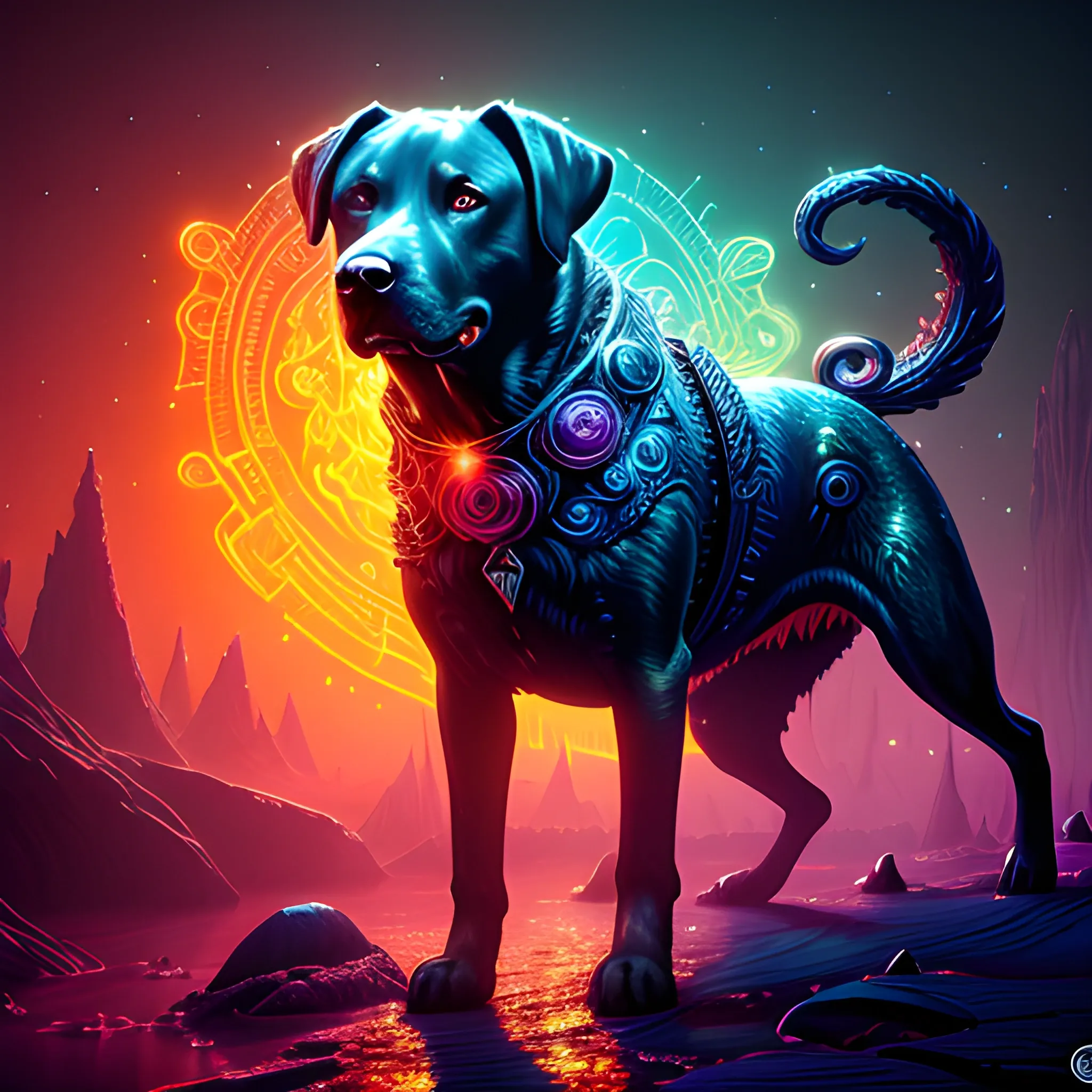  labrador, running, bitting, blood, big dog, vilainous dog, luminous colorful sparkles, ominous, eldritch, macabre, spooky; by James R. Eads, Gawki, rajewel, Tania Rivilis, Dan Mumford, glitter, airbrush, Octane Render, elegant, volumetric lighting, 16k; detailed matte painting, deep color, fantastical, intricate detail, splash screen, complementary colors, fantasy concept art, 8k resolution trending on Artstation Unreal Engine 5