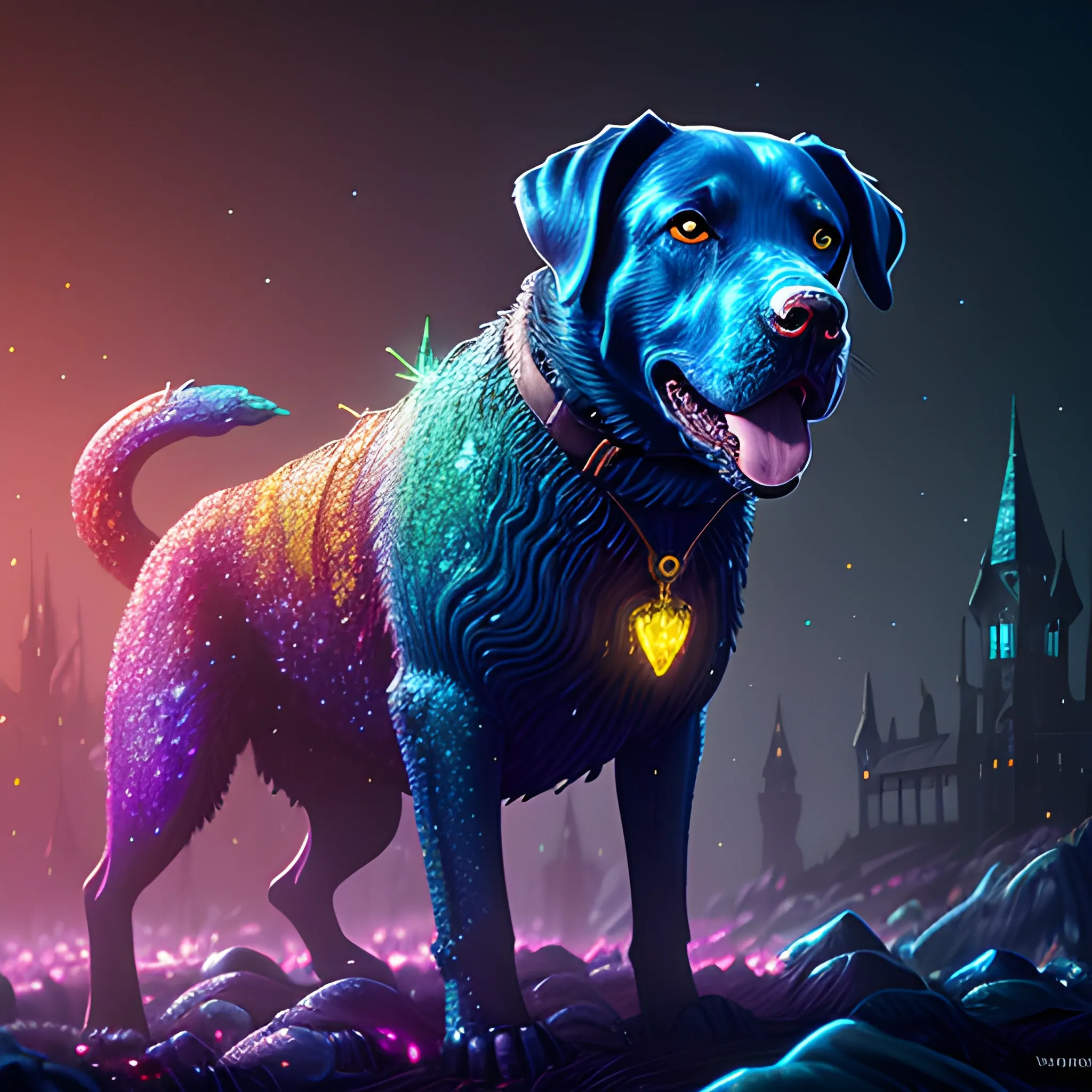  labrador, running, bitting, blood, big dog, vilainous dog, luminous colorful sparkles, ominous, eldritch, macabre, spooky; by James R. Eads, Gawki, rajewel, Tania Rivilis, Dan Mumford, glitter, airbrush, Octane Render, elegant, volumetric lighting, 16k; detailed matte painting, deep color, fantastical, intricate detail, splash screen, complementary colors, fantasy concept art, 8k resolution trending on Artstation Unreal Engine 5