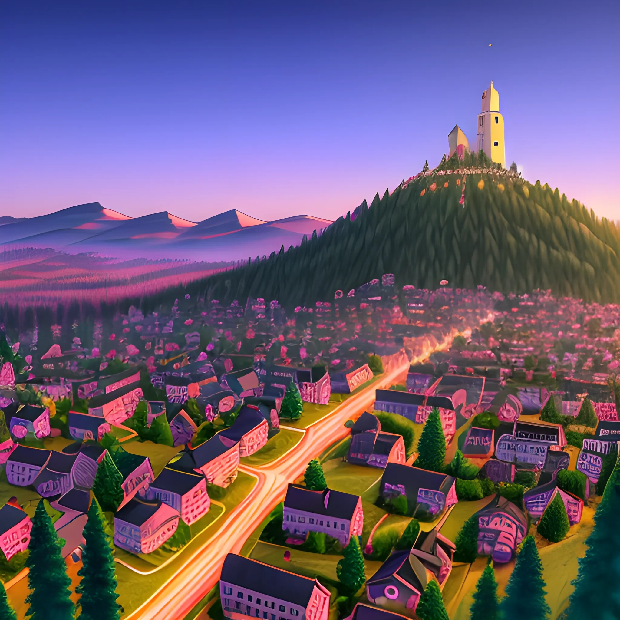 A small town with a hill in the center, with not very tall trees and a viewpoint above with a Christ with open arms, at dawn, Cartoon