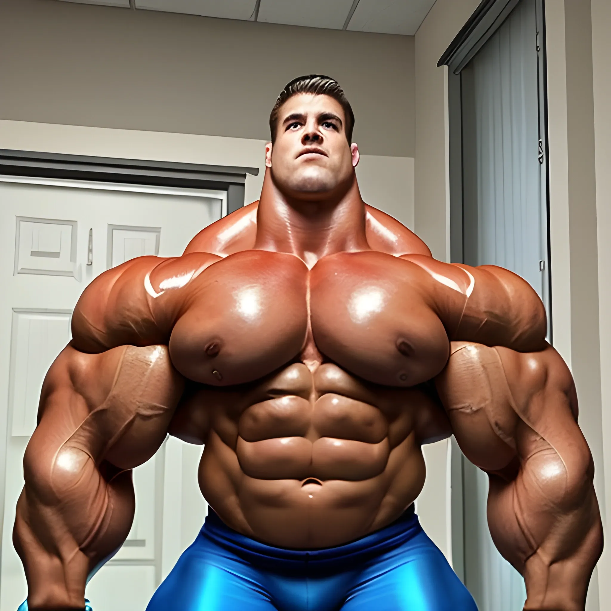 A oversized bodybuilder, imense man, muscle morph, BICEPS and the pecs are growing, full body
, Trippy