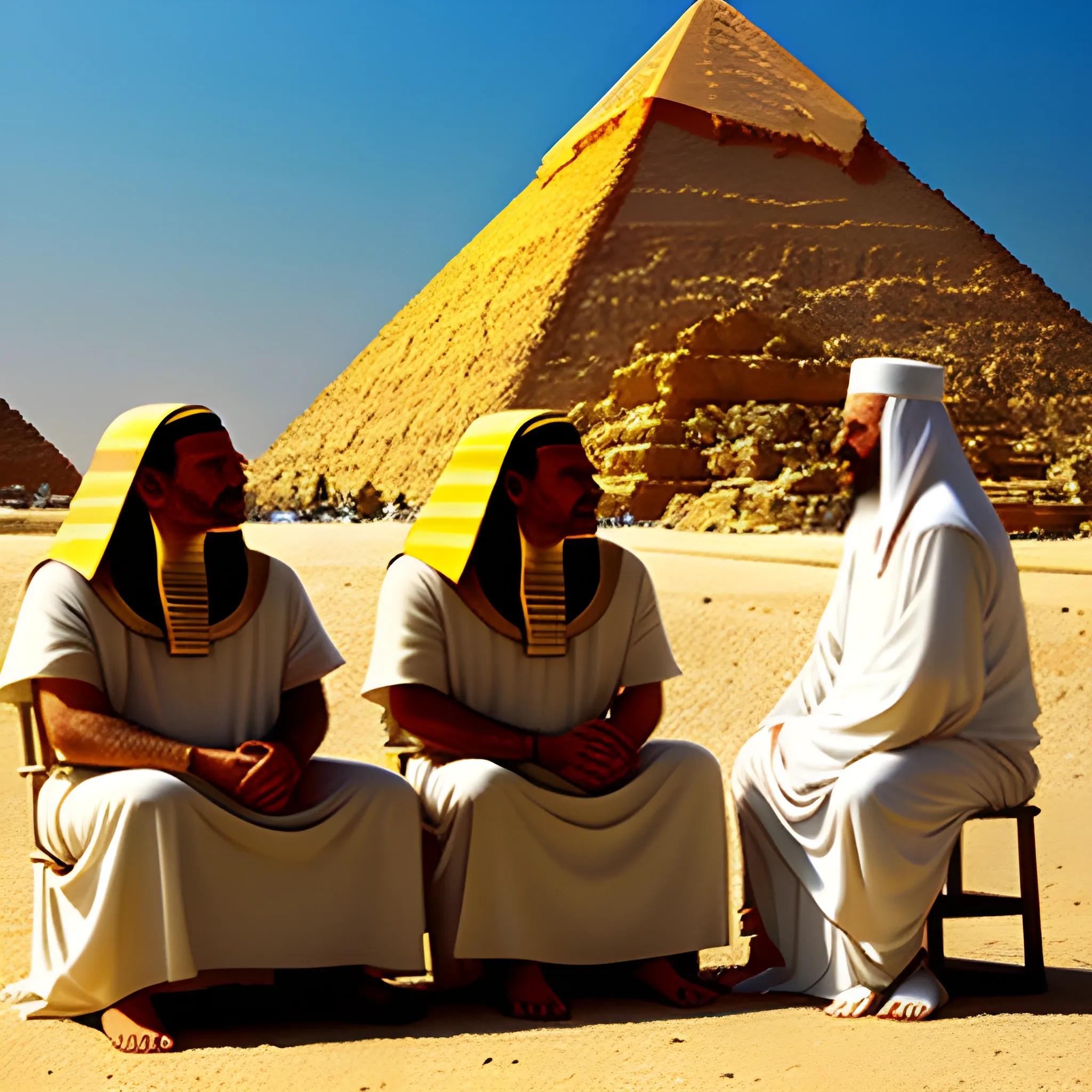 Ancient Egyptian priests telling a greek a story, Great pyramids in background, heavy DOF  