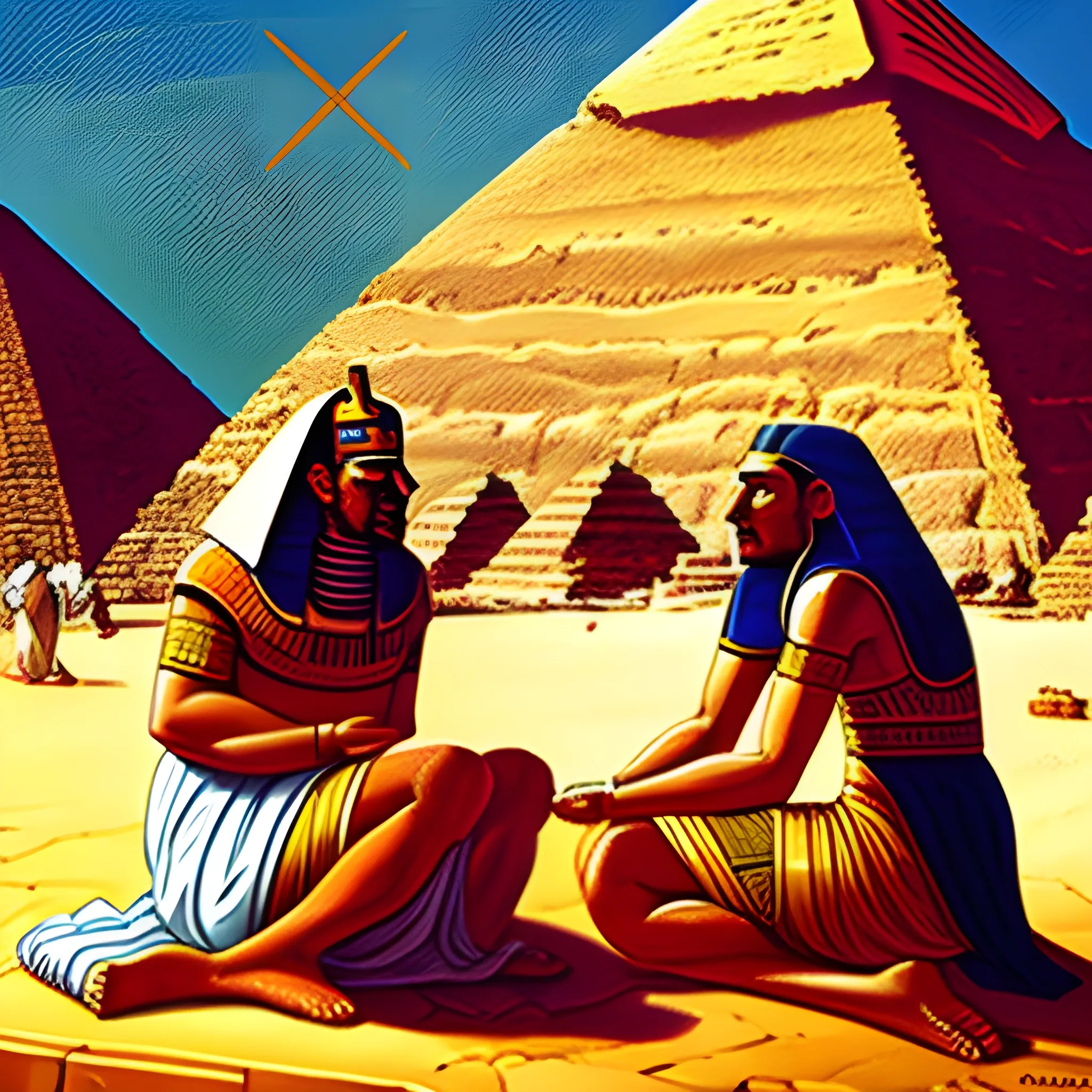 Ancient Egyptian priests telling a greek a story, Great pyramids in background, heavy DOF  , Oil Painting