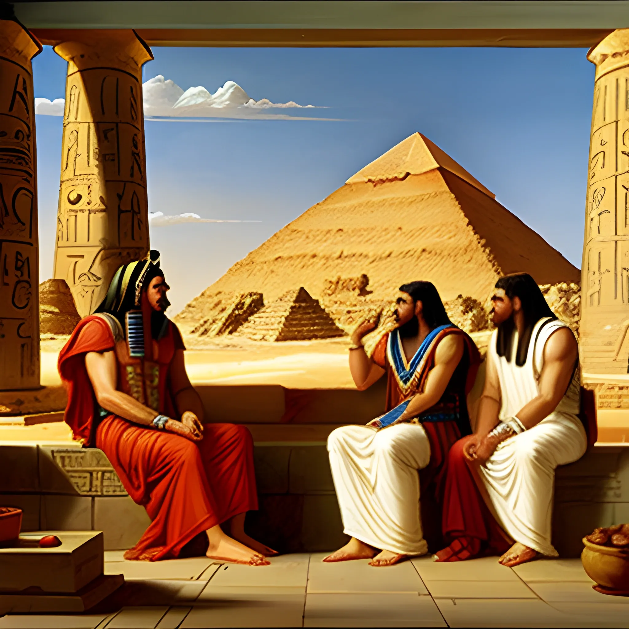 Ancient Egyptian priests telling a greek a story, Great pyramids in background, heavy DOF  , Style of thomas cole Oil Painting