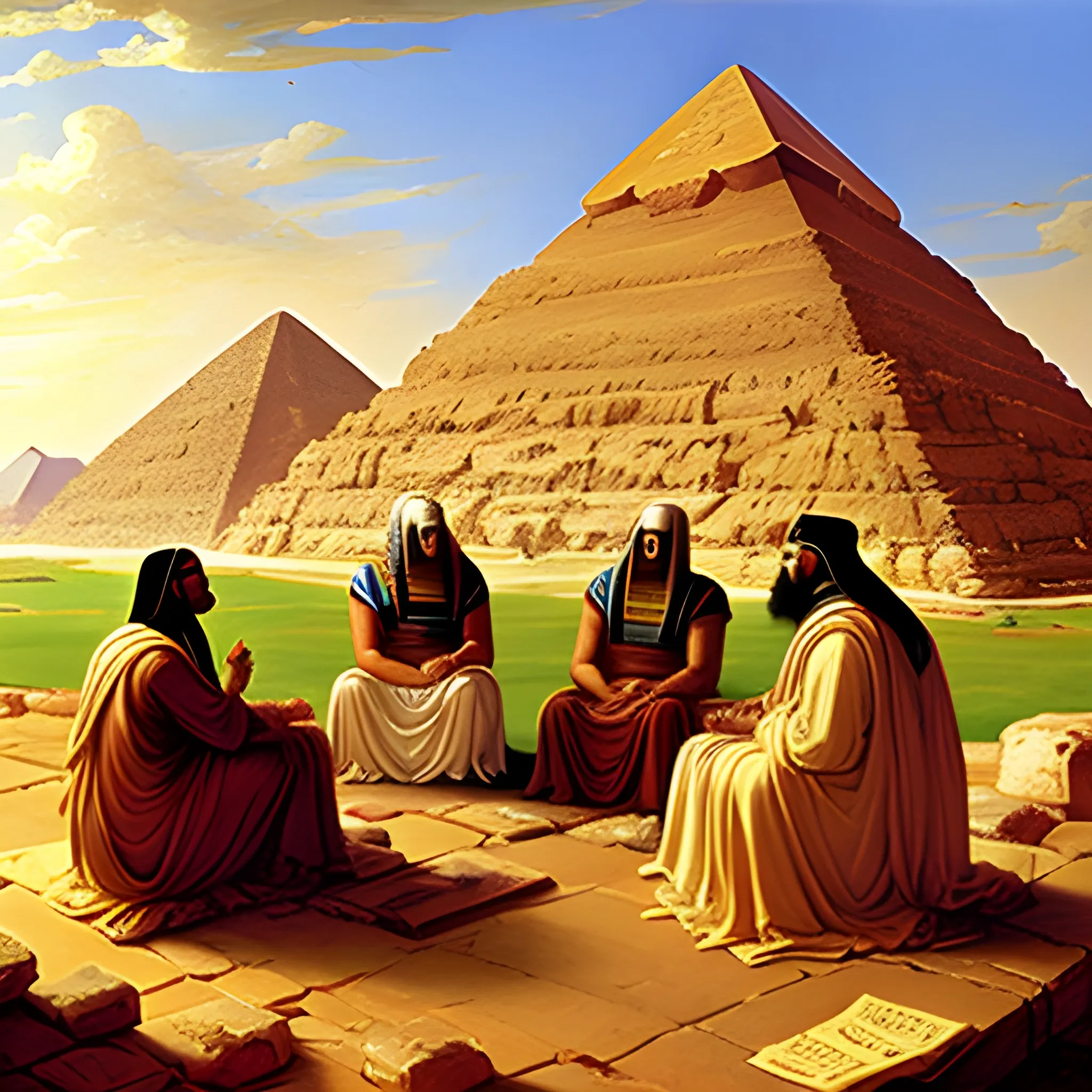 Ancient Egyptian priests telling a greek a story, Great pyramids in background, heavy DOF  , Style of thomas cole Oil Painting