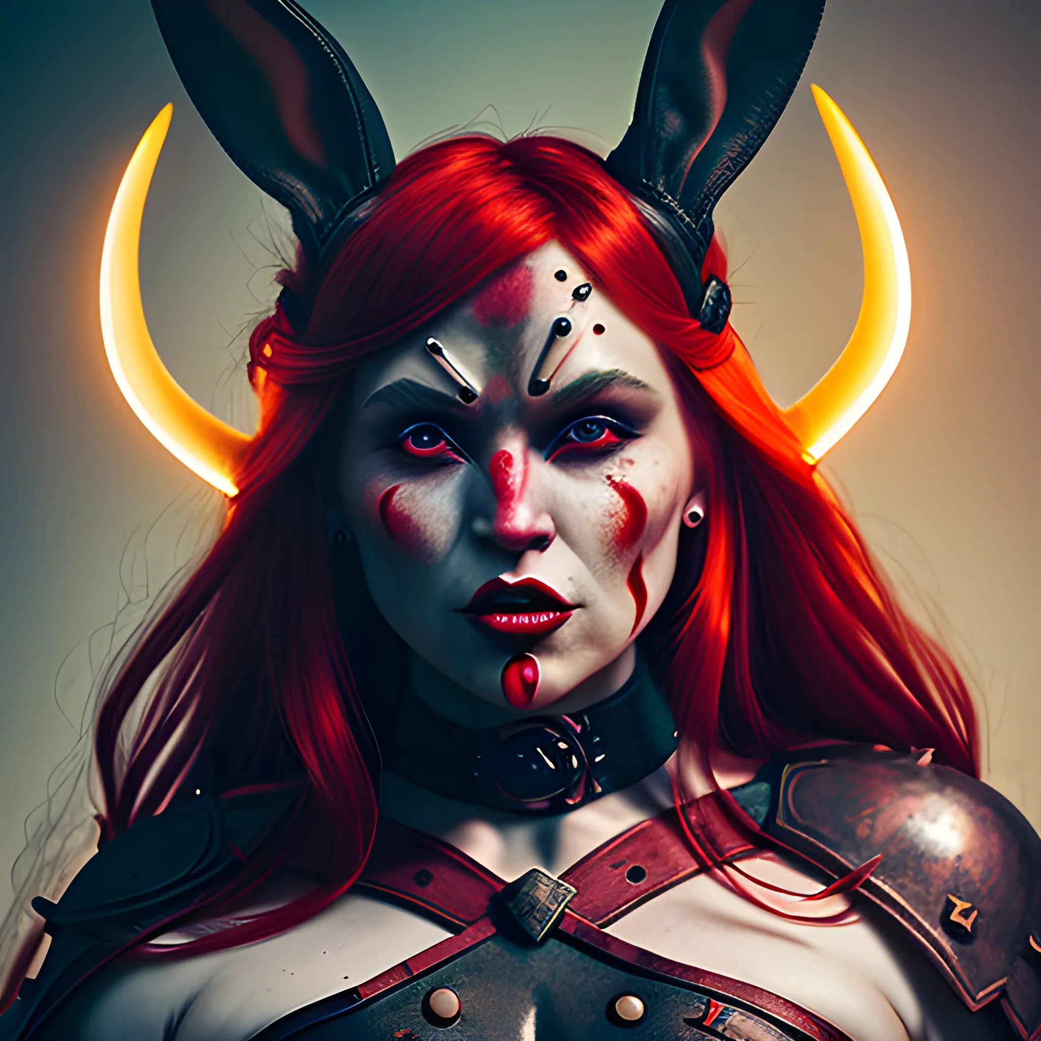 Woman warrior, bunny ears, demon horns,
 redhead