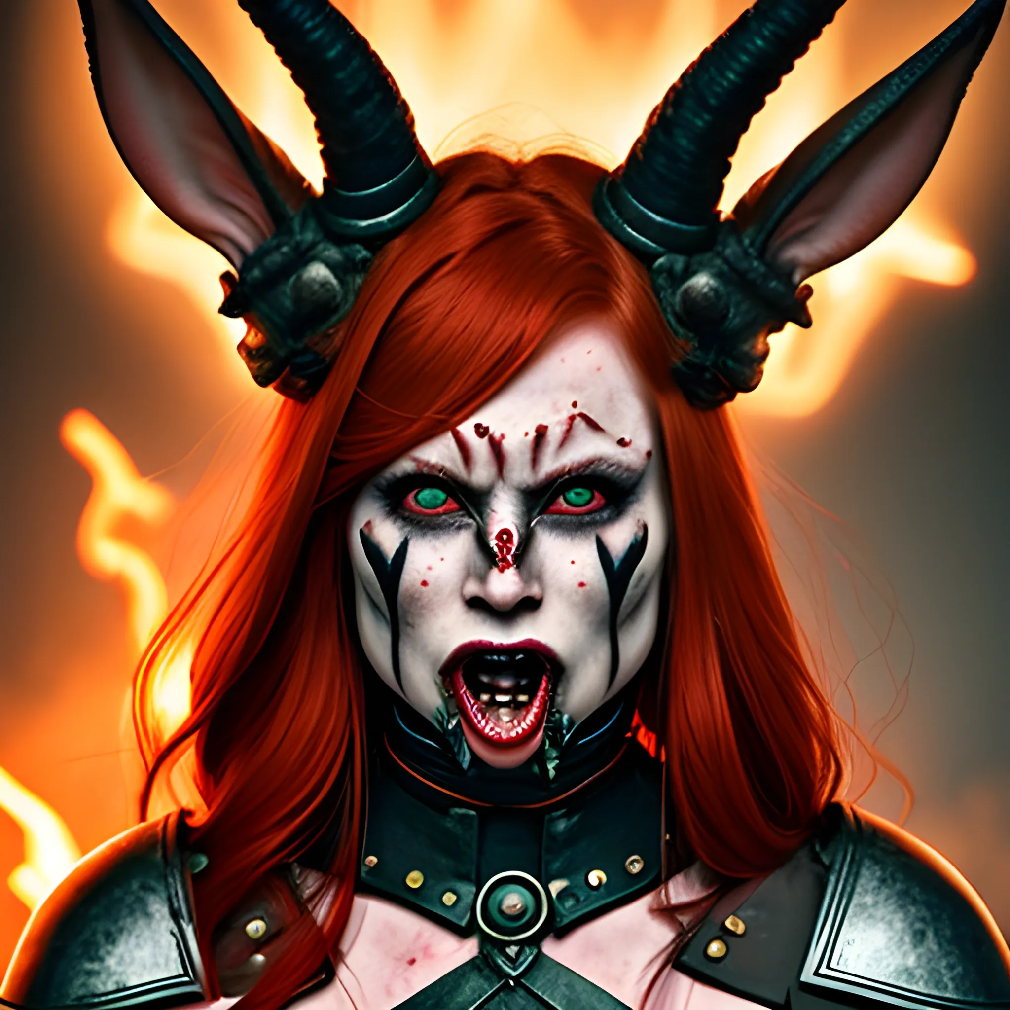 Woman warrior, bunny ears, demon horns on jaw,
 redhead