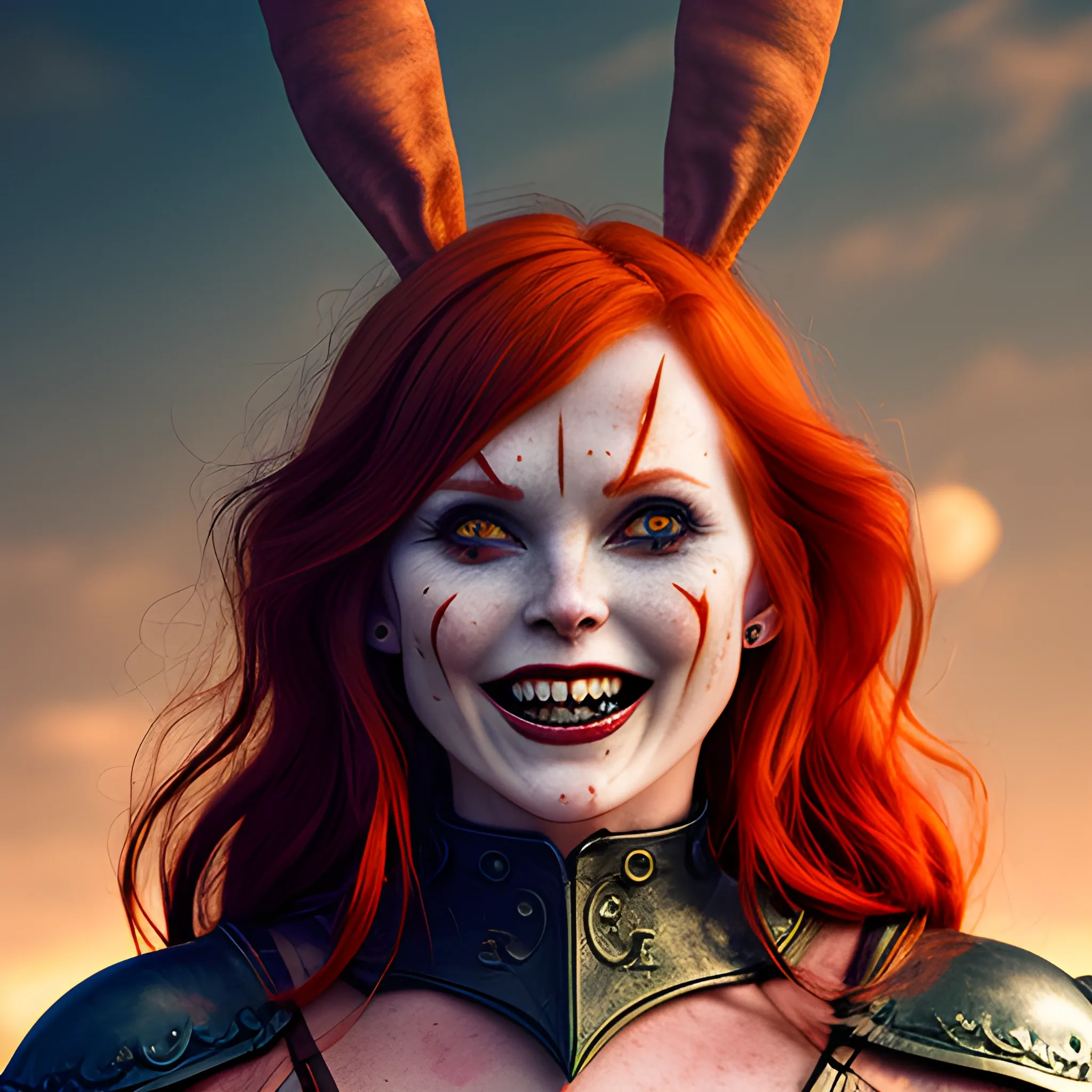 Woman warrior, bunny ears, demon horns on jaw,
 redhead, smiling