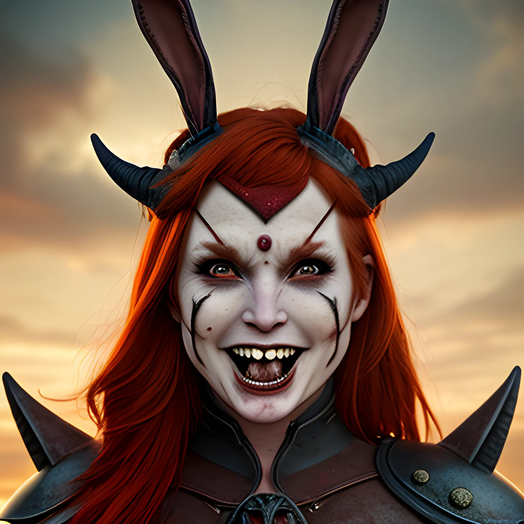 Woman warrior, bunny ears, demon horns on jaw,
 redhead, smooth smile
