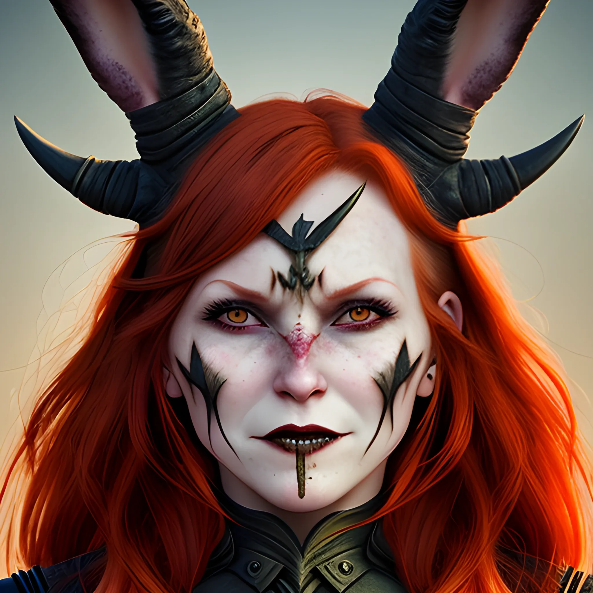 Woman warrior, bunny ears, demon horns on jaw,
 redhead, neutral smile
