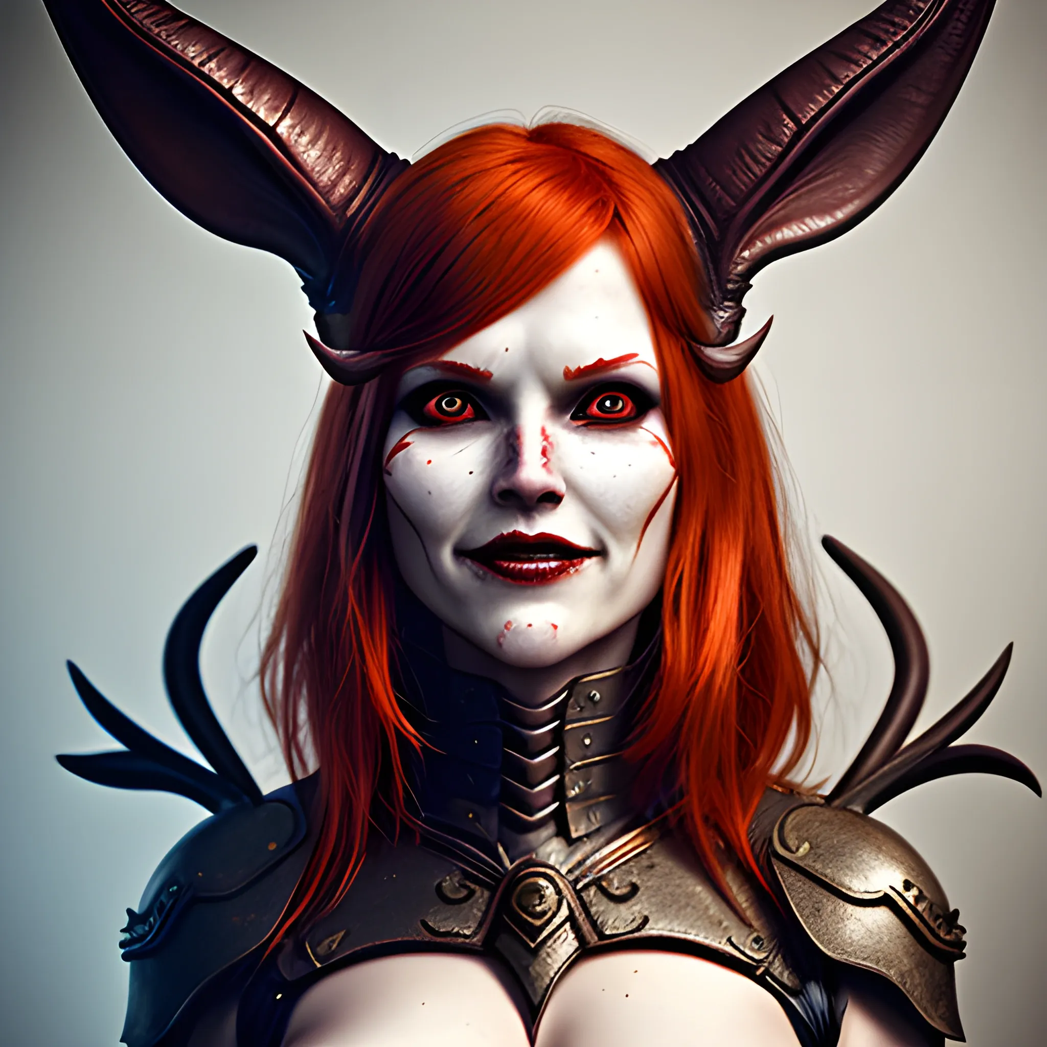 Woman warrior, bunny ears, demon horns jaw,
 redhead, neutral smile, slim face
