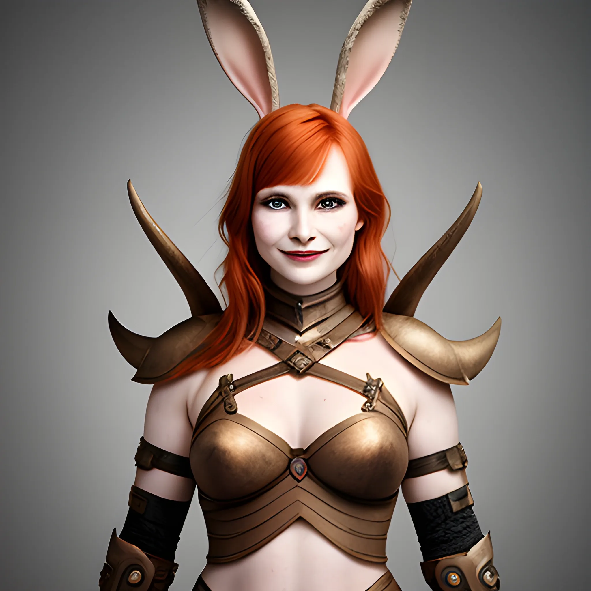 Woman warrior, bunny ears, jaw horns,
 redhead, neutral smile, slim face
