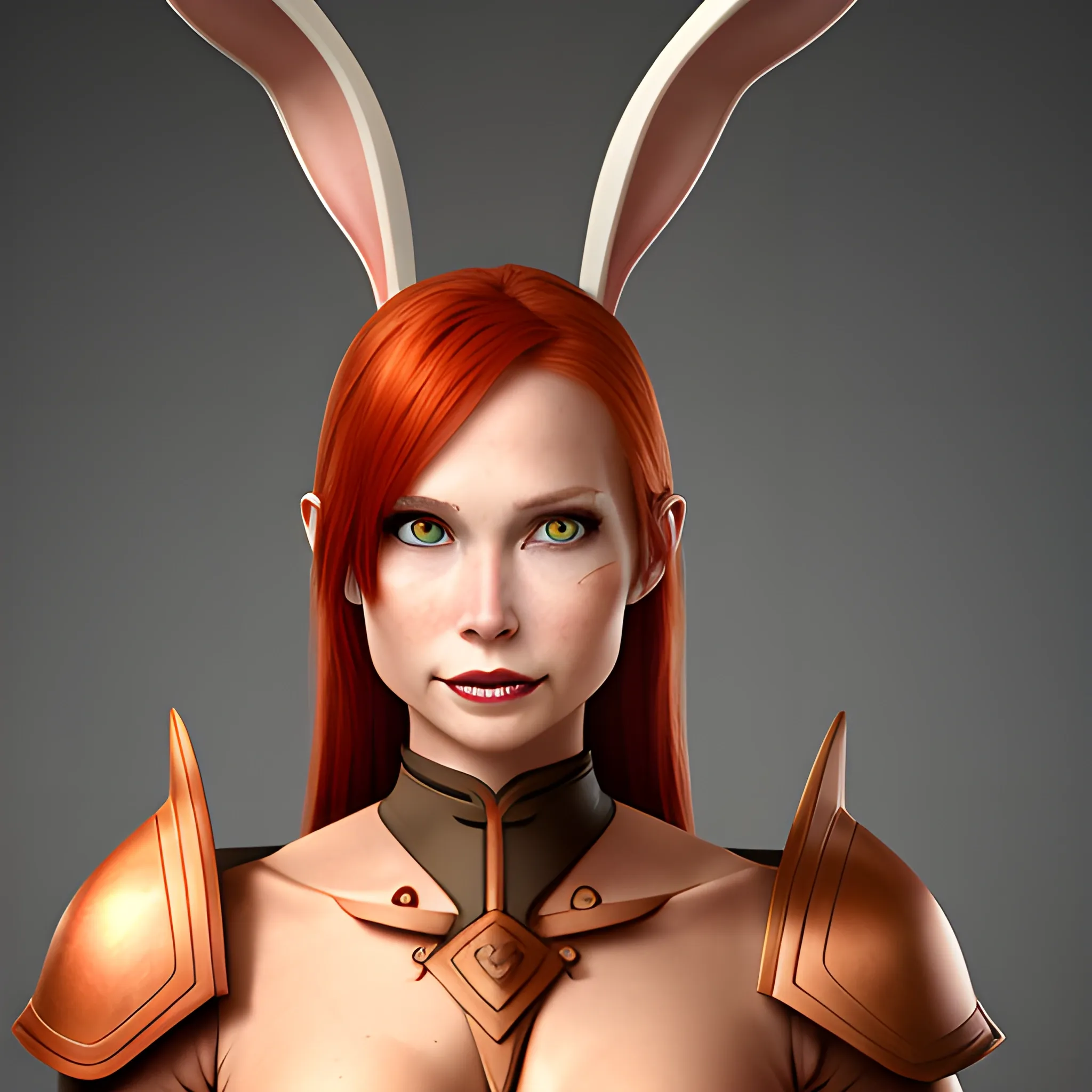 Woman warrior, bunny ears, jaw horns,
 redhead, neutral smile, slim face, tanned skin
