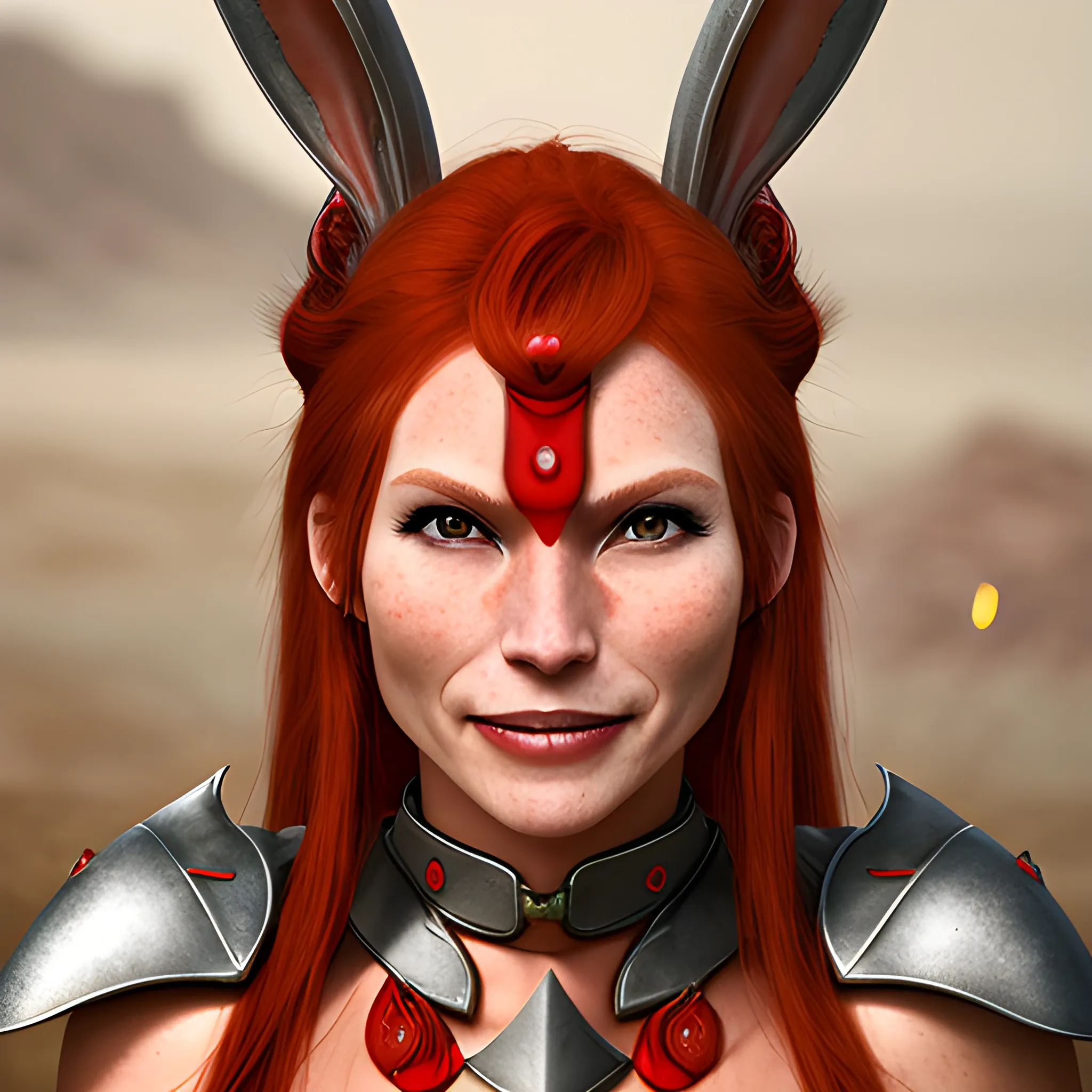 Woman warrior, red bunny ears, jaw horns,
 redhead, neutral smile, slim face, tanned skin
