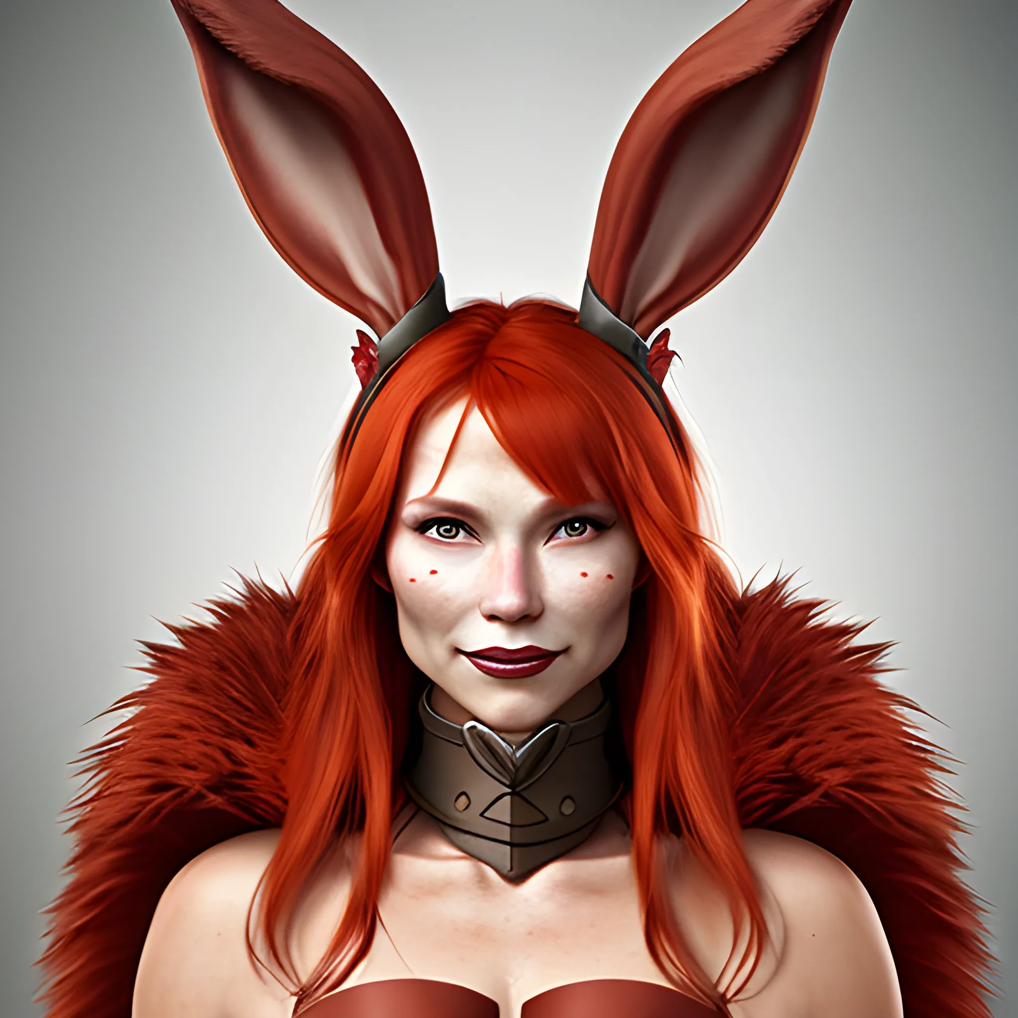 Woman warrior, red fur, bunny ears, jaw horns,
 redhead, neutral smile, slim face, tanned skin
