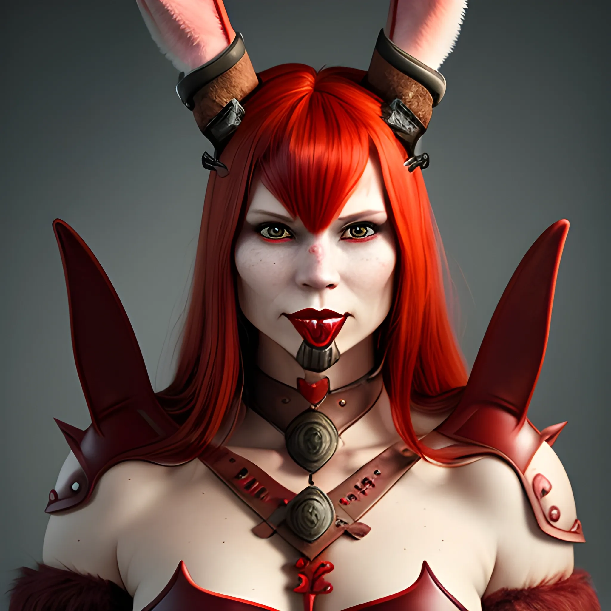Woman warrior, red fur, bunny ears, jaw demon horns ,
 redhead, neutral smile, slim face, tanned skin, 
